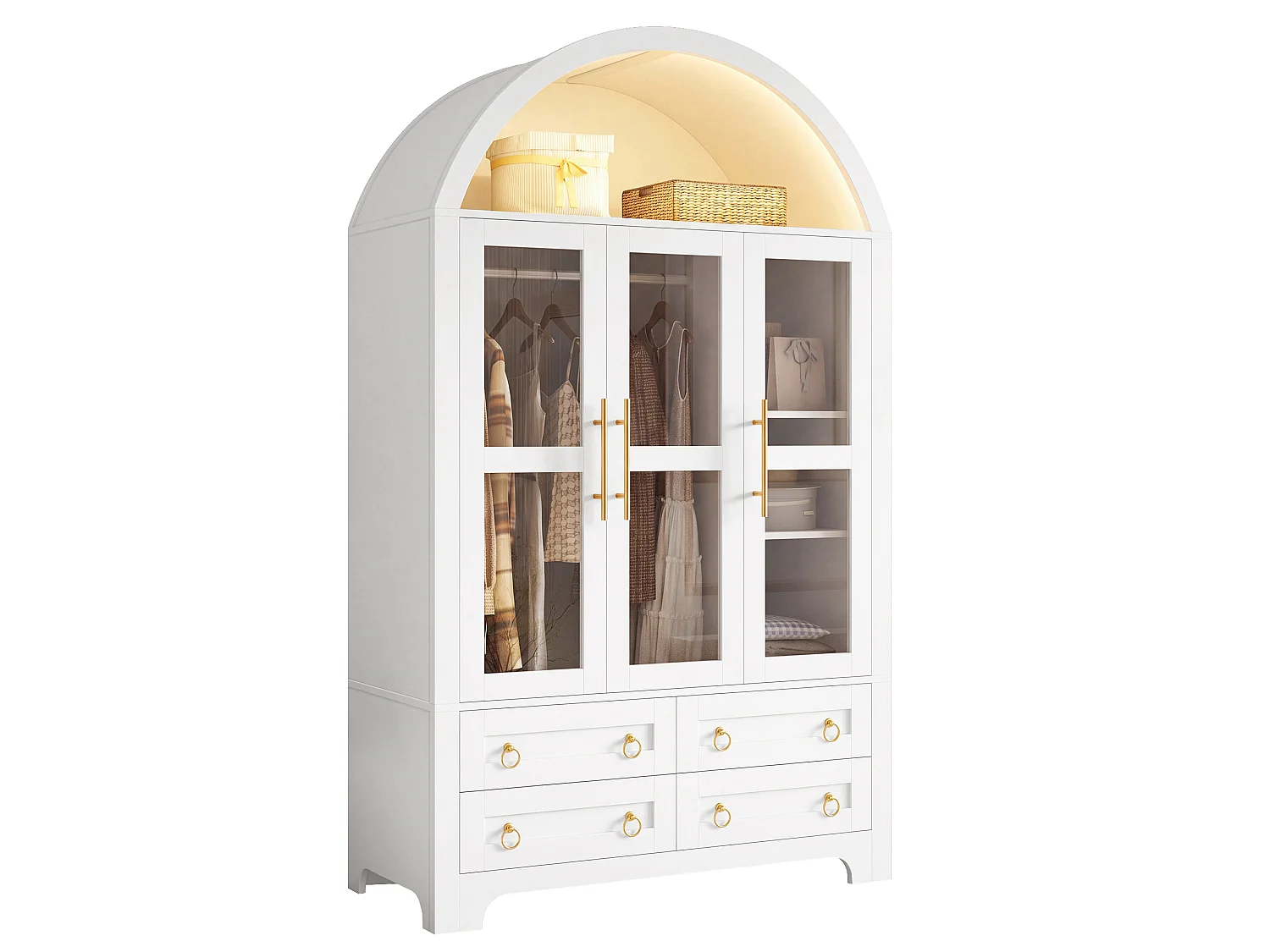 Armoire vitrine 3 portes vitrées, 1 penderie, 4 tiroirs et éclairage LED contrôlable par application - Panneaux de particules et MDF - 110 x 50 x 186 cm - Blanc