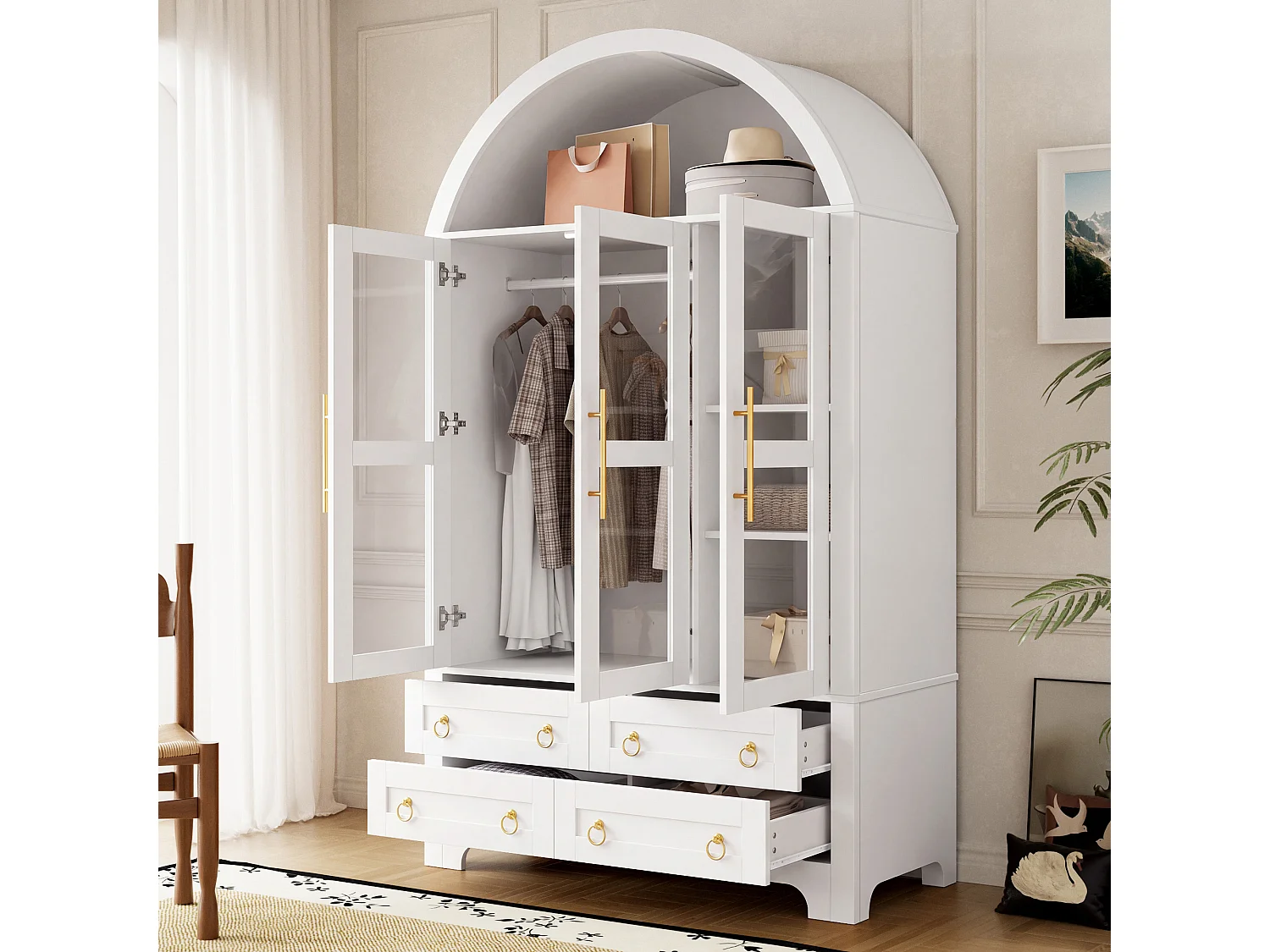 Armoire vitrine 3 portes vitrées, 1 penderie, 4 tiroirs et éclairage LED contrôlable par application - Panneaux de particules et MDF - 110 x 50 x 186 cm - Blanc