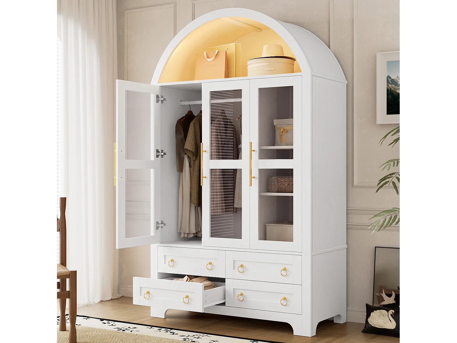 Armoire vitrine 3 portes vitrées, 1 penderie, 4 tiroirs et éclairage LED contrôlable par application - Panneaux de particules et MDF - 110 x 50 x 186 cm - Blanc