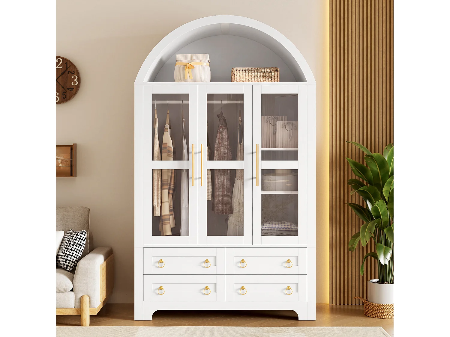 Armoire vitrine 3 portes vitrées, 1 penderie, 4 tiroirs et éclairage LED contrôlable par application - Panneaux de particules et MDF - 110 x 50 x 186 cm - Blanc