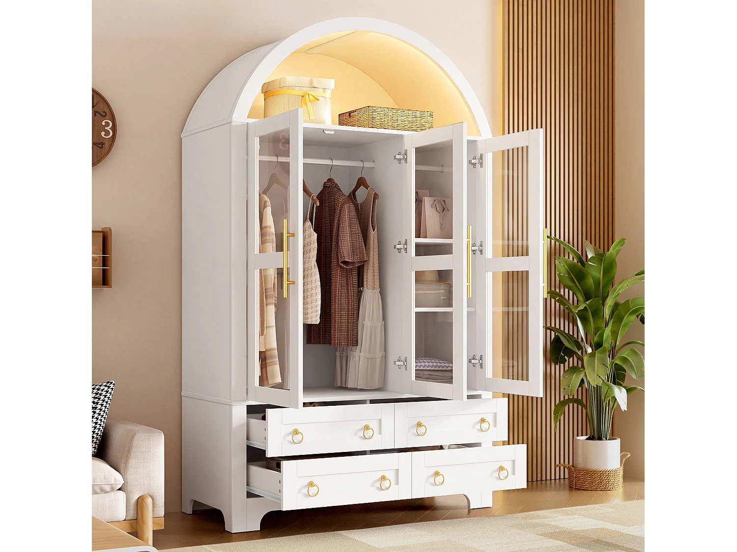 Armoire vitrine 3 portes vitrées, 1 penderie, 4 tiroirs et éclairage LED contrôlable par application - Panneaux de particules et MDF - 110 x 50 x 186 cm - Blanc