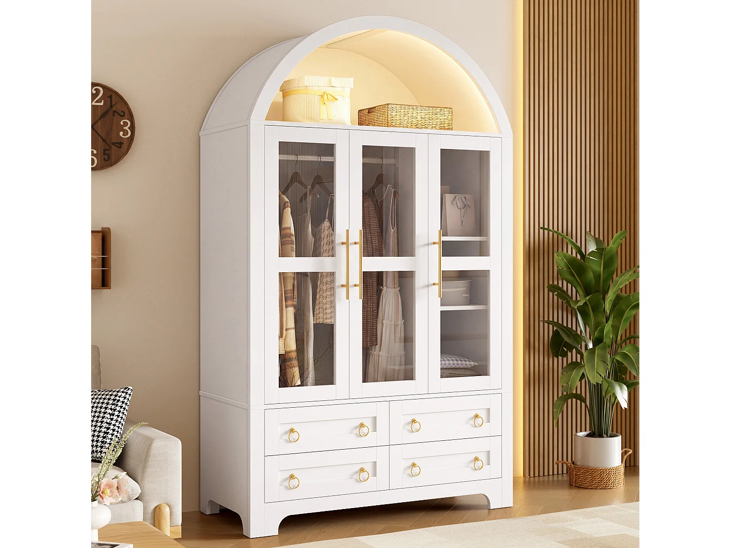 Armoire vitrine 3 portes vitrées, 1 penderie, 4 tiroirs et éclairage LED contrôlable par application - Panneaux de particules et MDF - 110 x 50 x 186 cm - Blanc