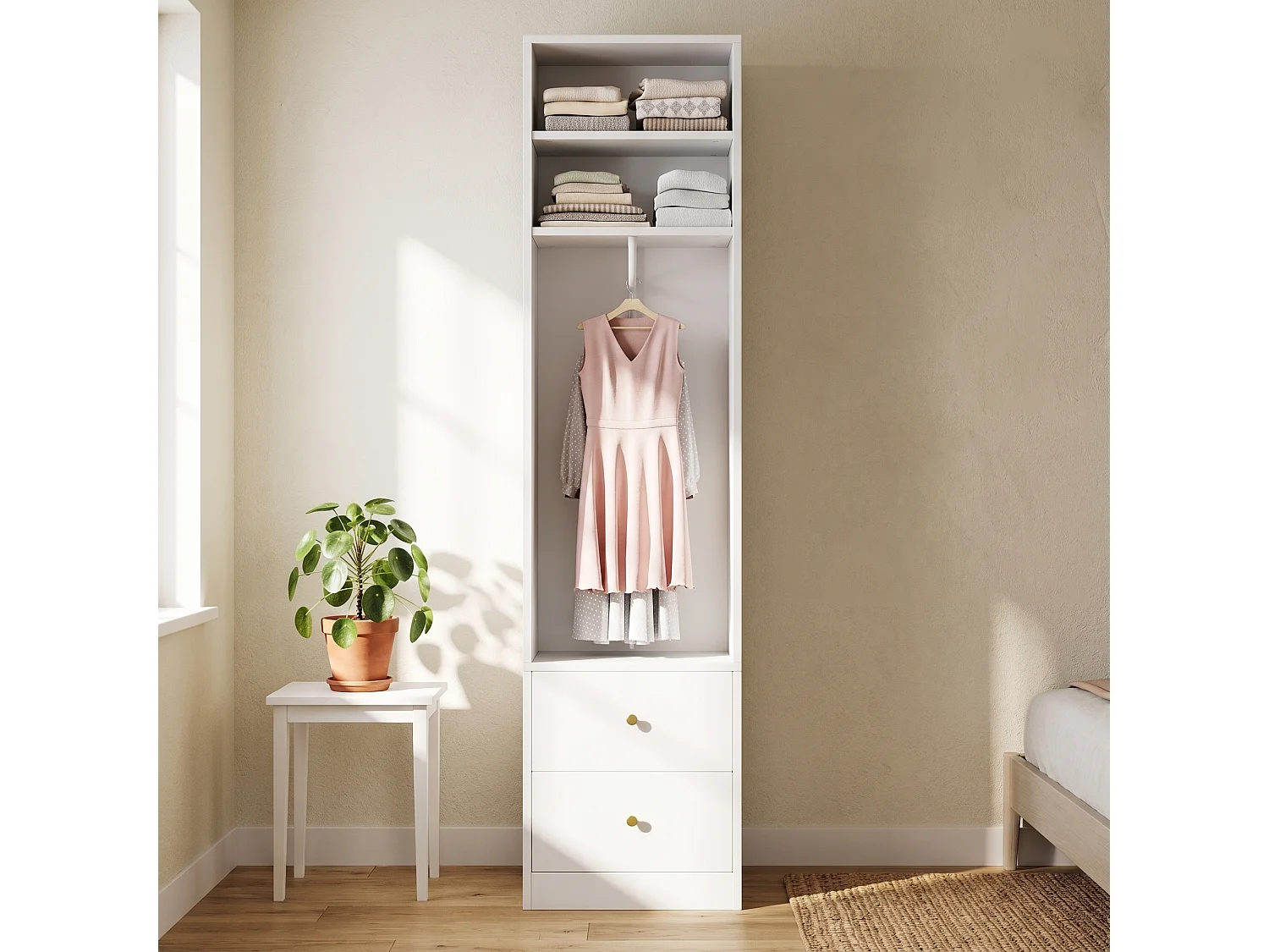 Schmaler Kleiderschrank mit Kleiderstange, 1 Einlegeboden und 2 Schubladen – MDF und Stahl – 50 x 30 x 200 cm – Weiß