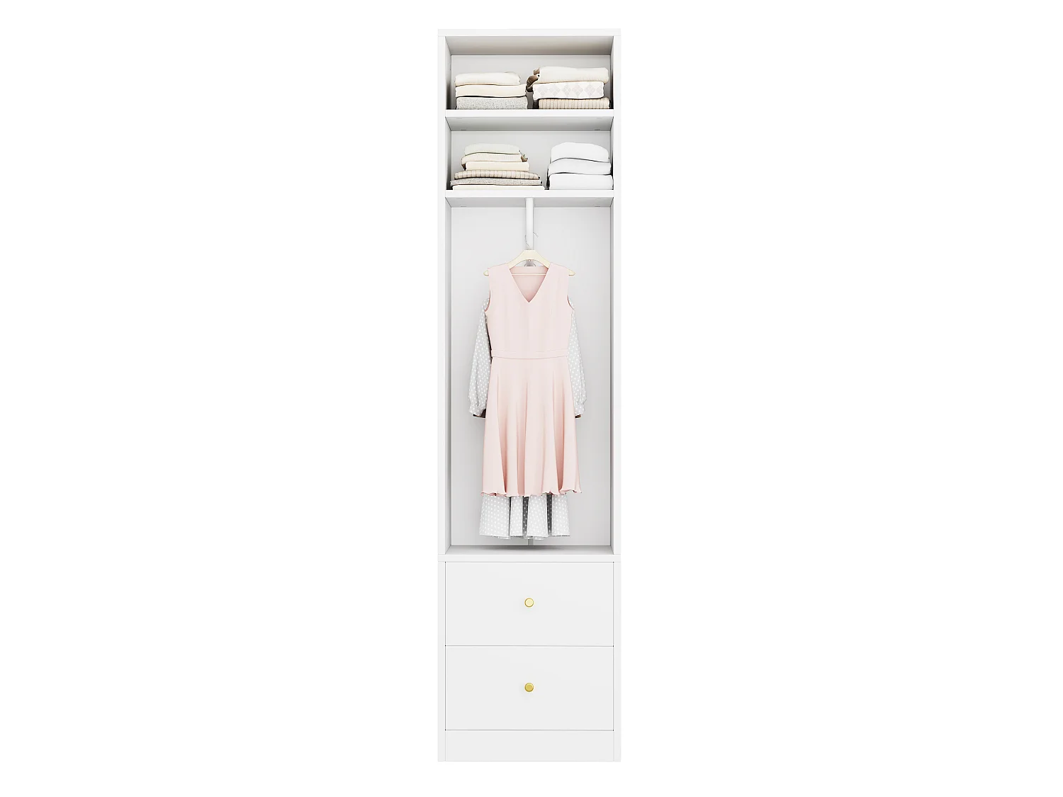 Schmaler Kleiderschrank mit Kleiderstange, 1 Einlegeboden und 2 Schubladen – MDF und Stahl – 50 x 30 x 200 cm – Weiß