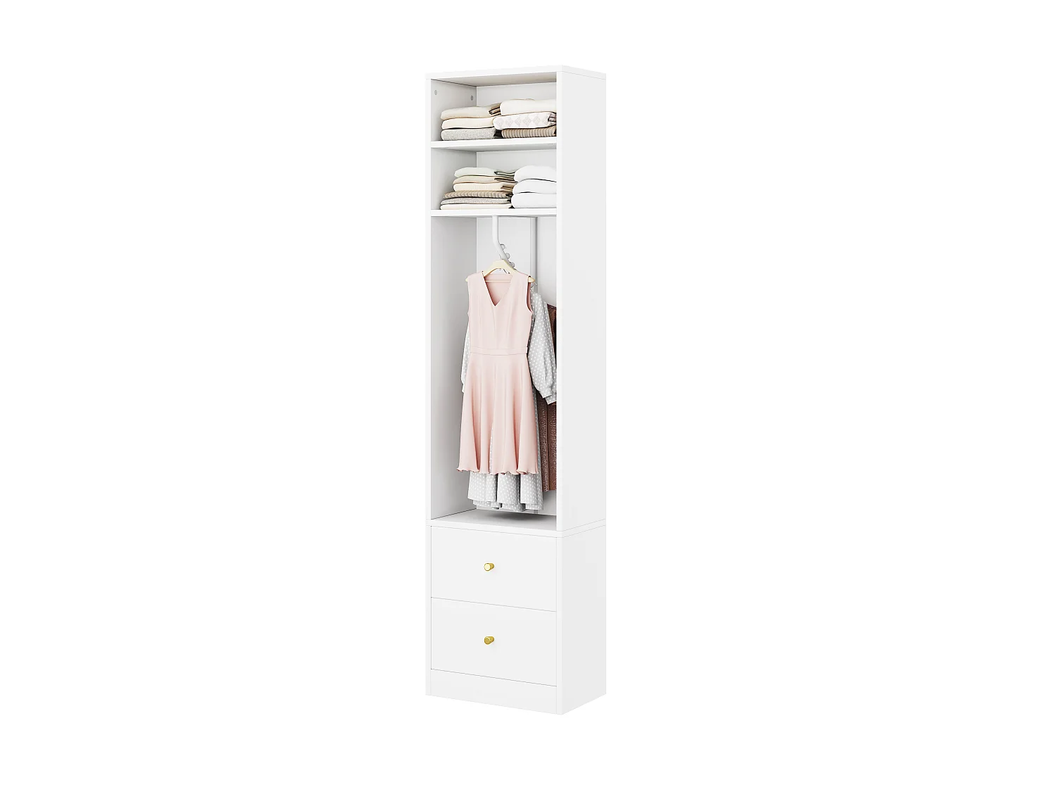 Schmaler Kleiderschrank mit Kleiderstange, 1 Einlegeboden und 2 Schubladen – MDF und Stahl – 50 x 30 x 200 cm – Weiß