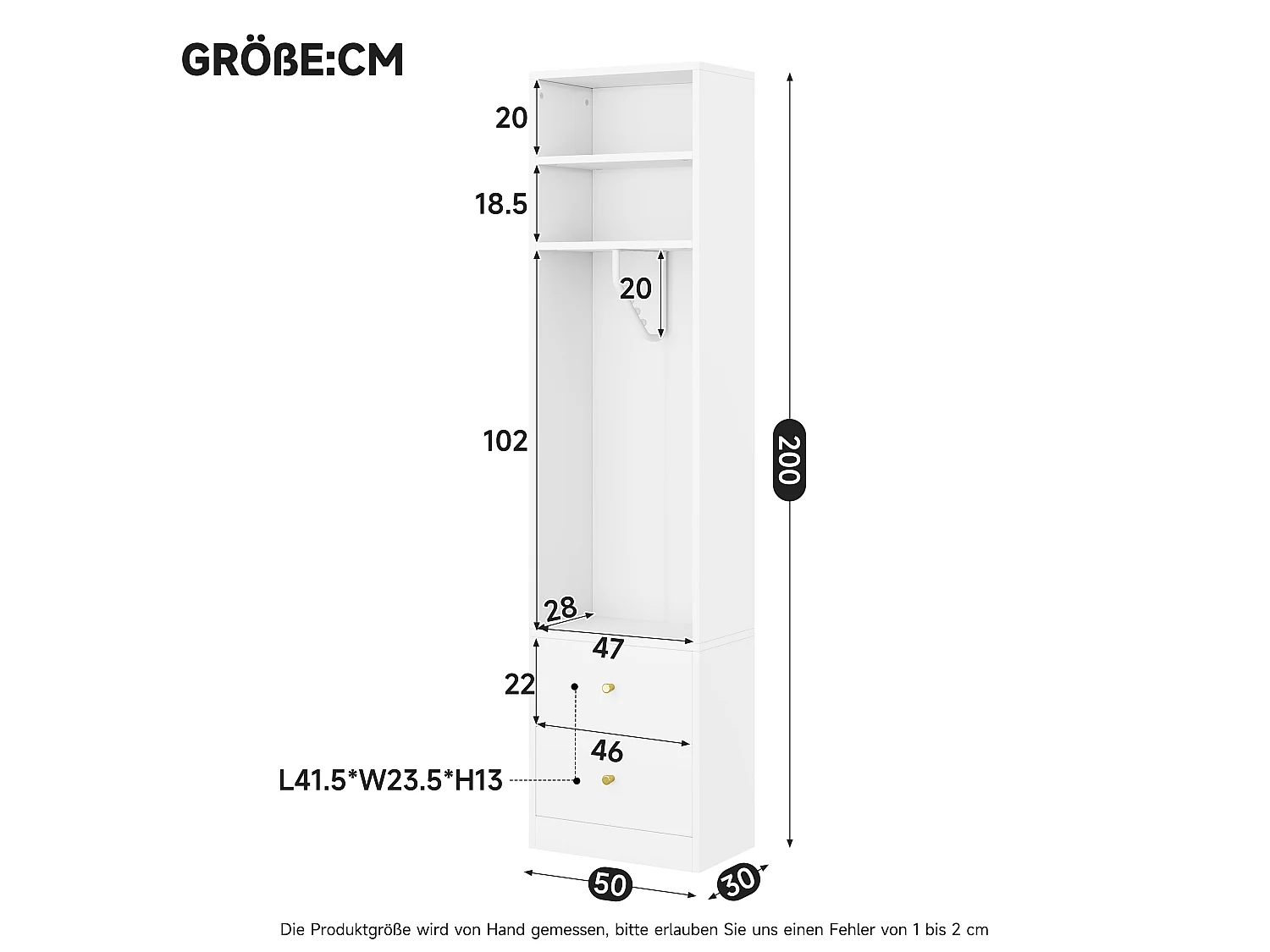 Schmaler Kleiderschrank mit Kleiderstange, 1 Einlegeboden und 2 Schubladen – MDF und Stahl – 50 x 30 x 200 cm – Weiß