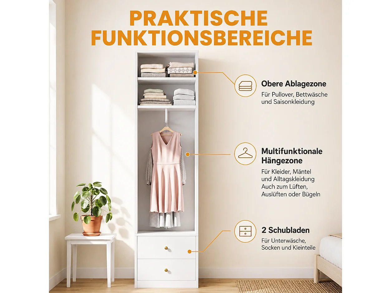Schmaler Kleiderschrank mit Kleiderstange, 1 Einlegeboden und 2 Schubladen – MDF und Stahl – 50 x 30 x 200 cm – Weiß