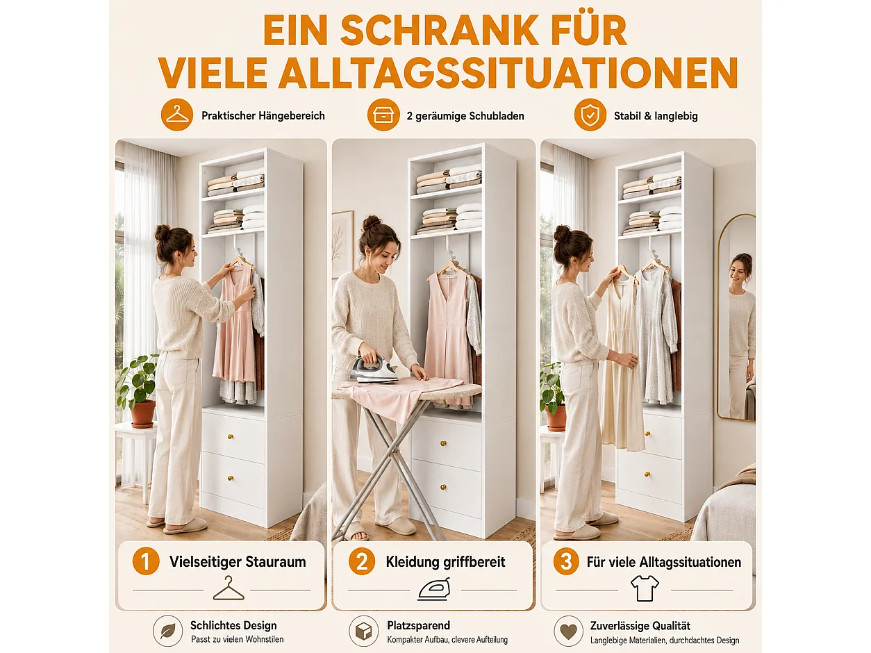 Schmaler Kleiderschrank mit Kleiderstange, 1 Einlegeboden und 2 Schubladen – MDF und Stahl – 50 x 30 x 200 cm – Weiß