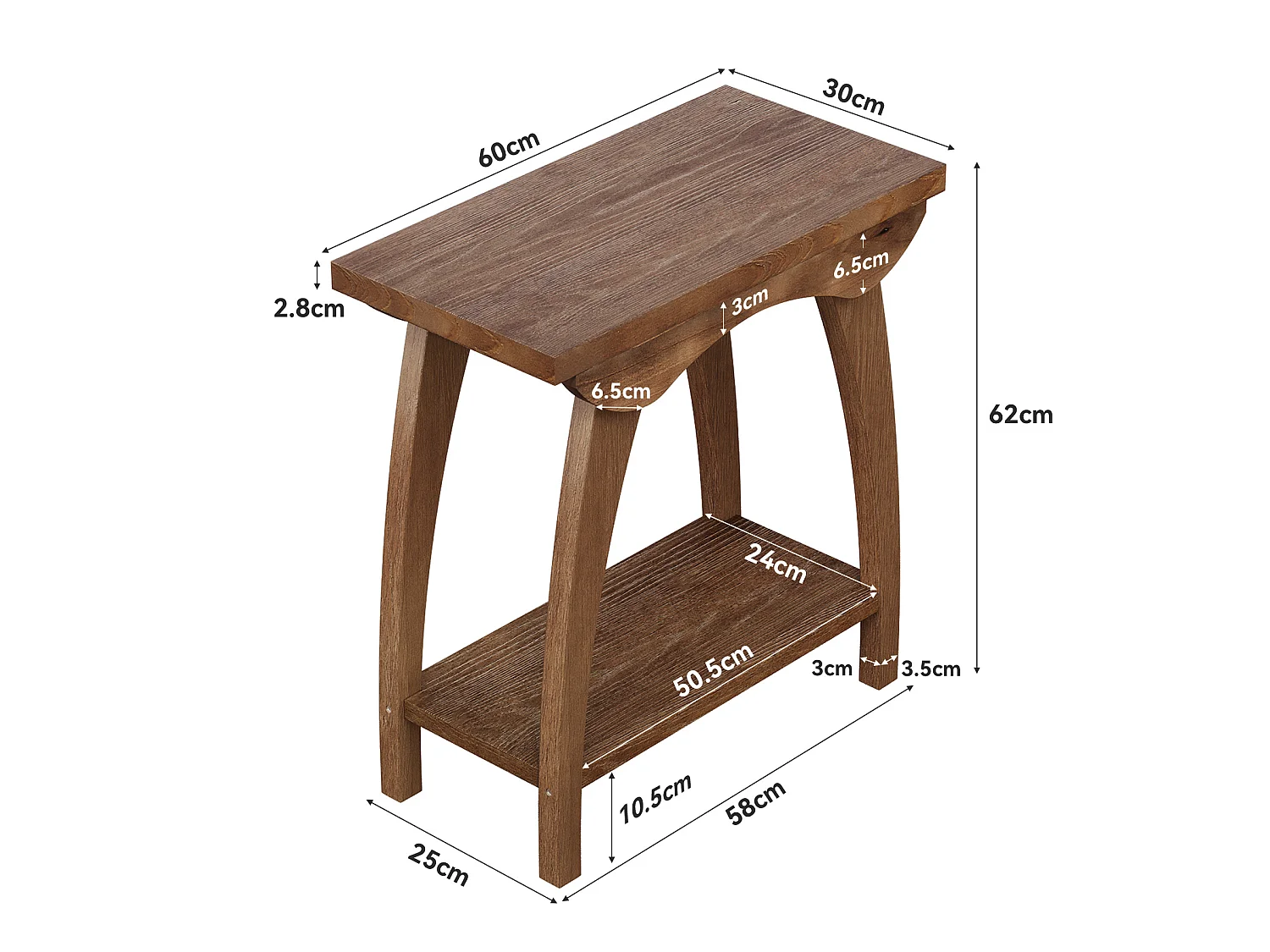Mesa de Nido de Madera Sólida de 2 Niveles, Mesa Lateral de Sofá Rectangular de Estilo Campestre