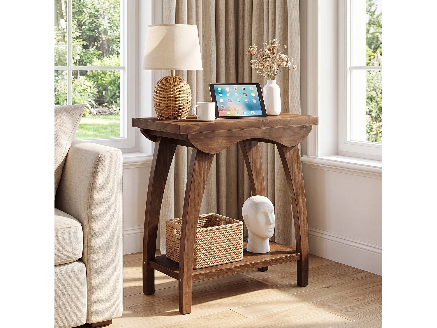 Mesa de Nido de Madera Sólida de 2 Niveles, Mesa Lateral de Sofá Rectangular de Estilo Campestre