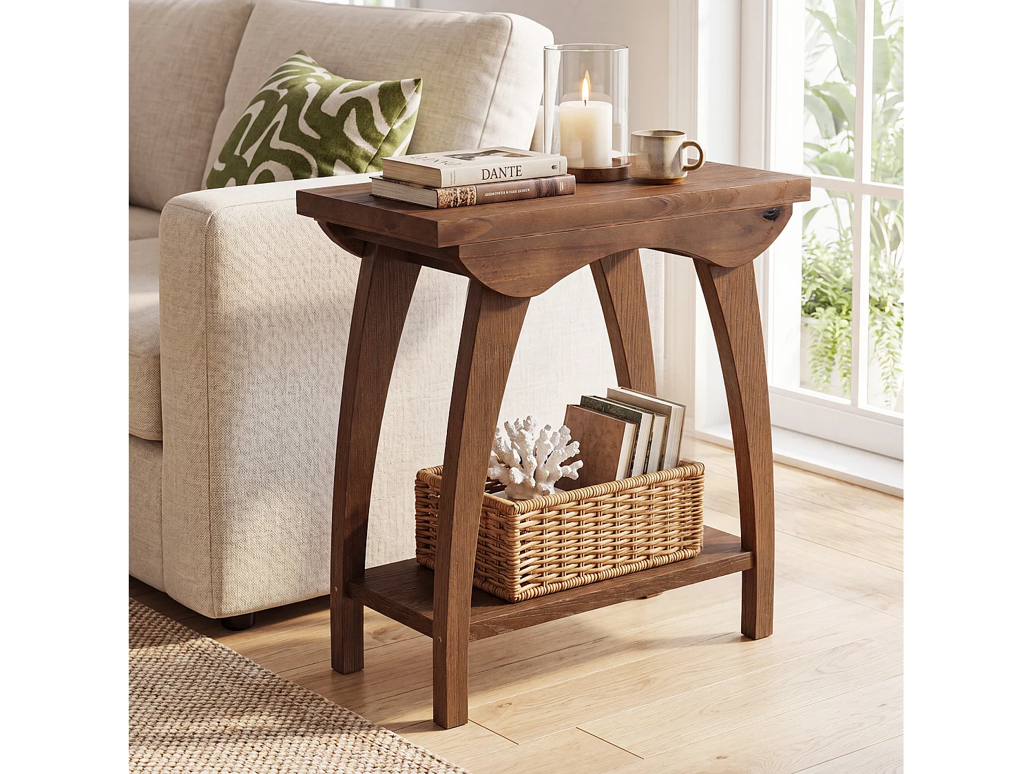 Mesa de Nido de Madera Sólida de 2 Niveles, Mesa Lateral de Sofá Rectangular de Estilo Campestre