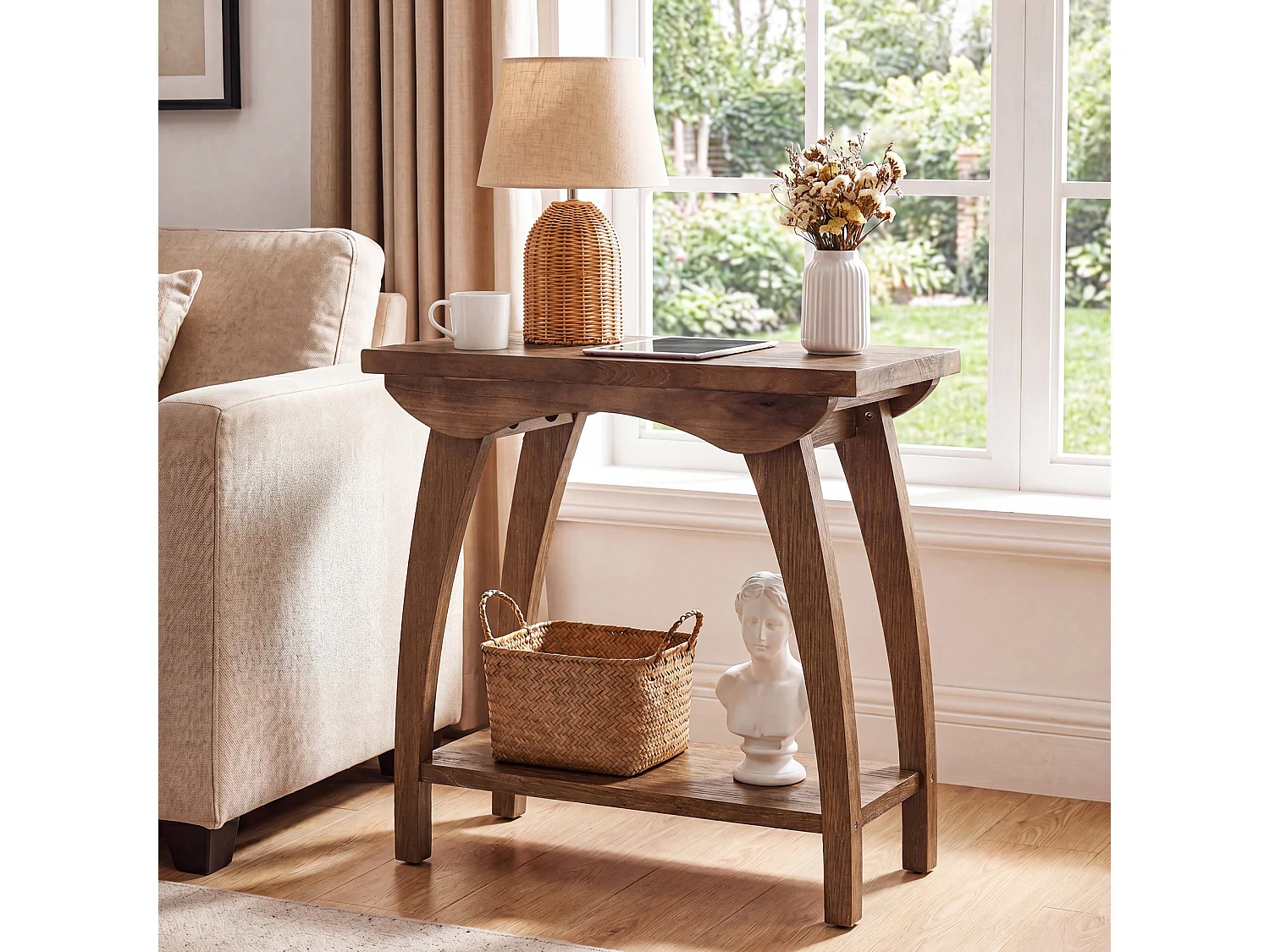 Mesa de Nido de Madera Sólida de 2 Niveles, Mesa Lateral de Sofá Rectangular de Estilo Campestre