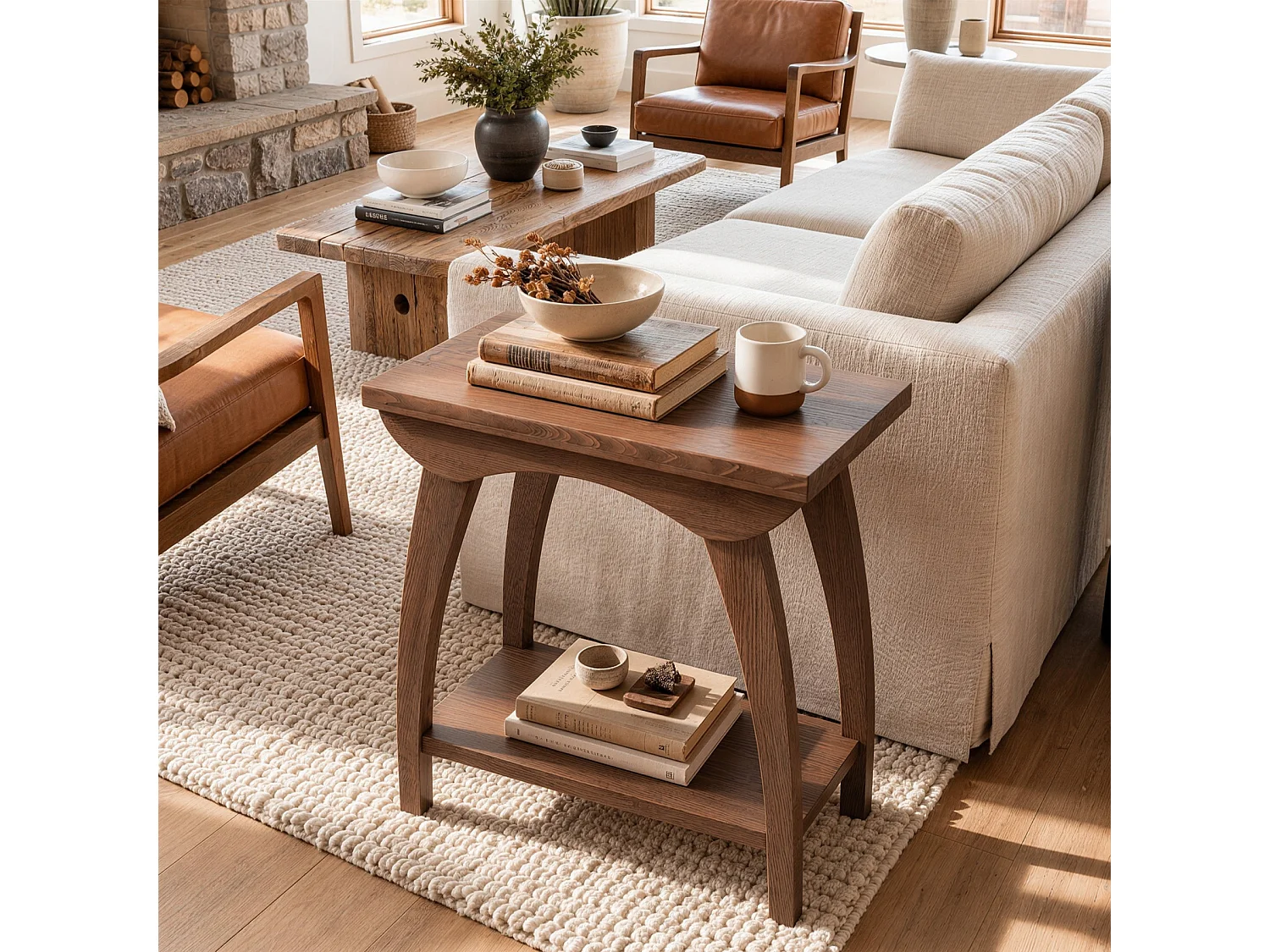 Mesa de Nido de Madera Sólida de 2 Niveles, Mesa Lateral de Sofá Rectangular de Estilo Campestre