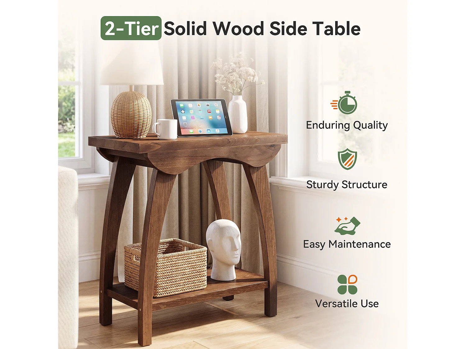 Mesa de Nido de Madera Sólida de 2 Niveles, Mesa Lateral de Sofá Rectangular de Estilo Campestre