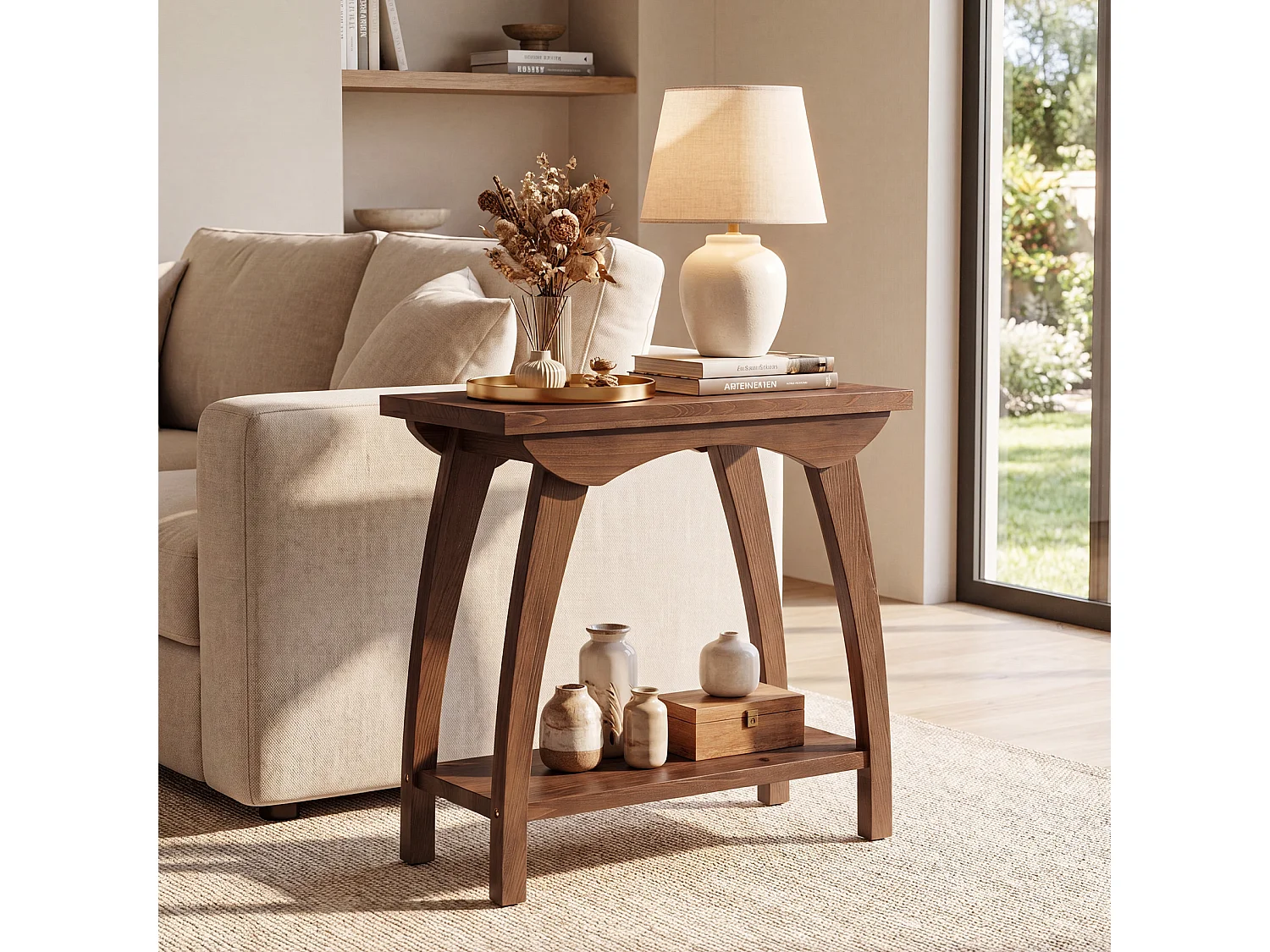 Mesa de Nido de Madera Sólida de 2 Niveles, Mesa Lateral de Sofá Rectangular de Estilo Campestre