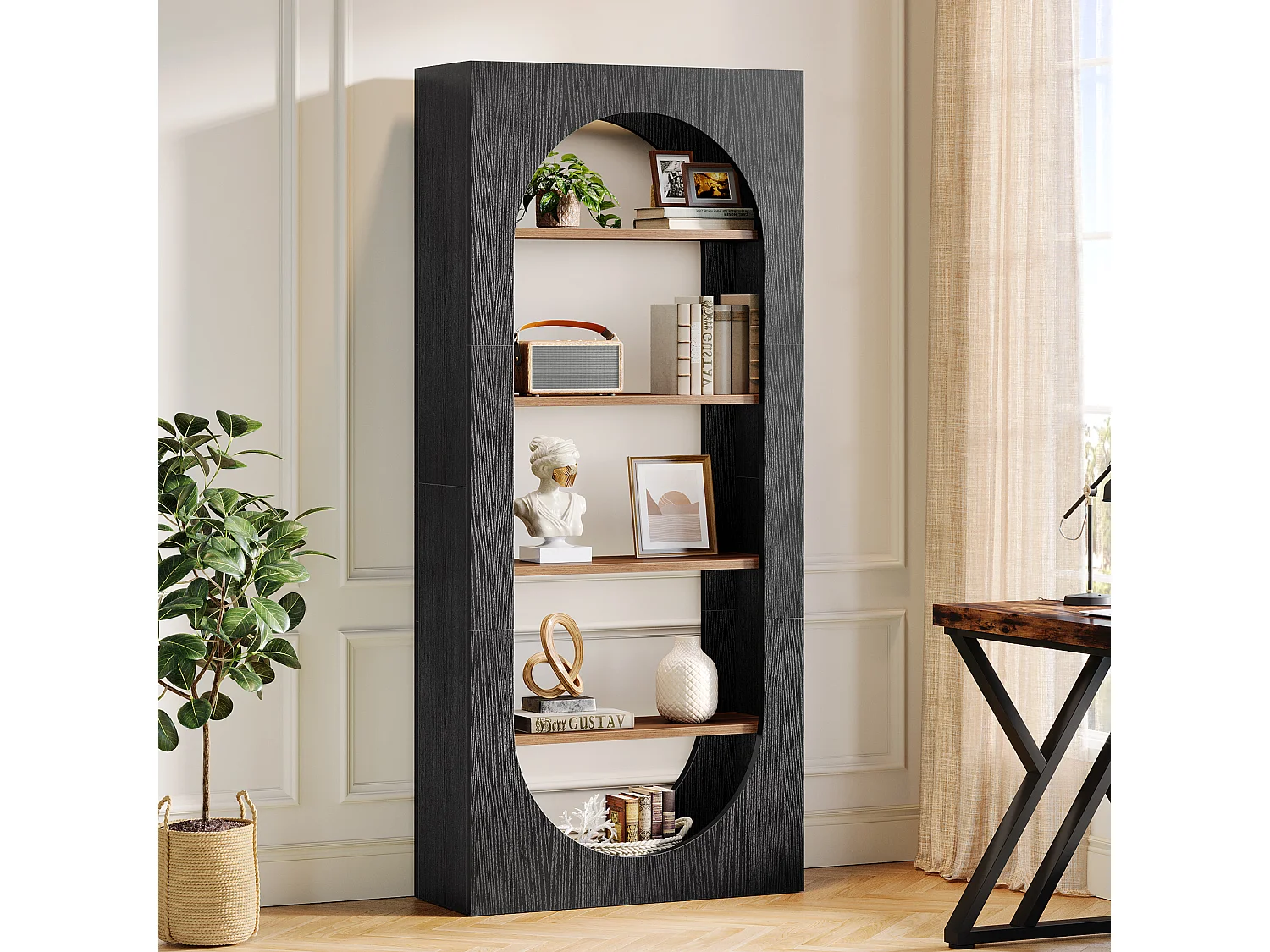 Bibliothèque noire à 5 niveaux, bibliothèque cintrée de 180 cm de haut avec rangement