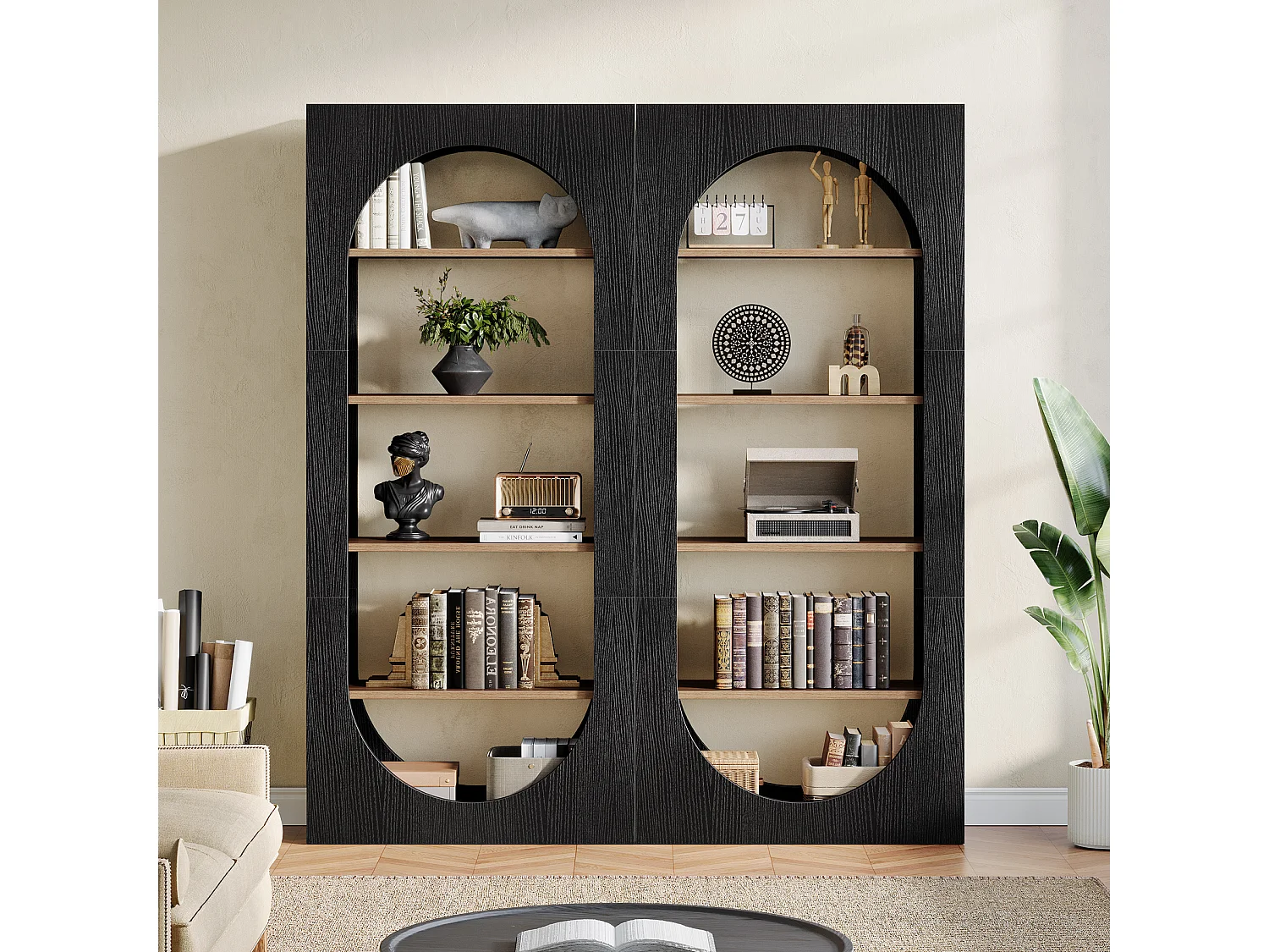 Bibliothèque noire à 5 niveaux, bibliothèque cintrée de 180 cm de haut avec rangement