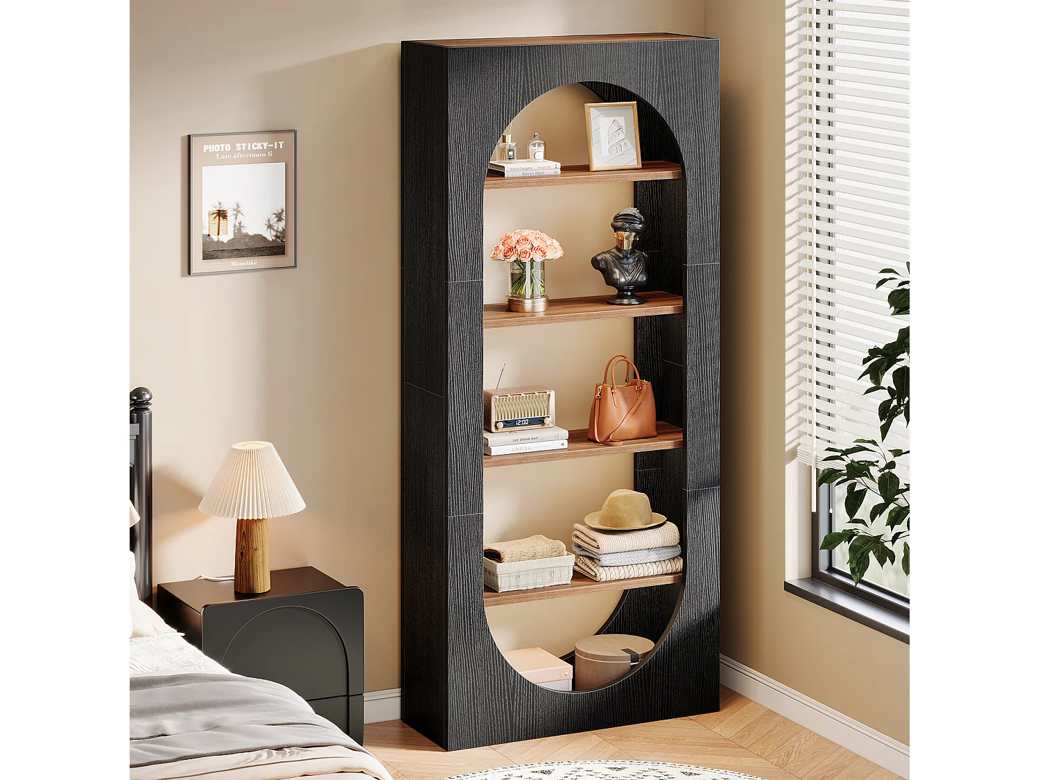 Bibliothèque noire à 5 niveaux, bibliothèque cintrée de 180 cm de haut avec rangement