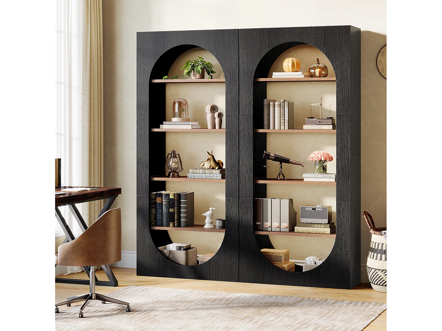 Bibliothèque noire à 5 niveaux, bibliothèque cintrée de 180 cm de haut avec rangement