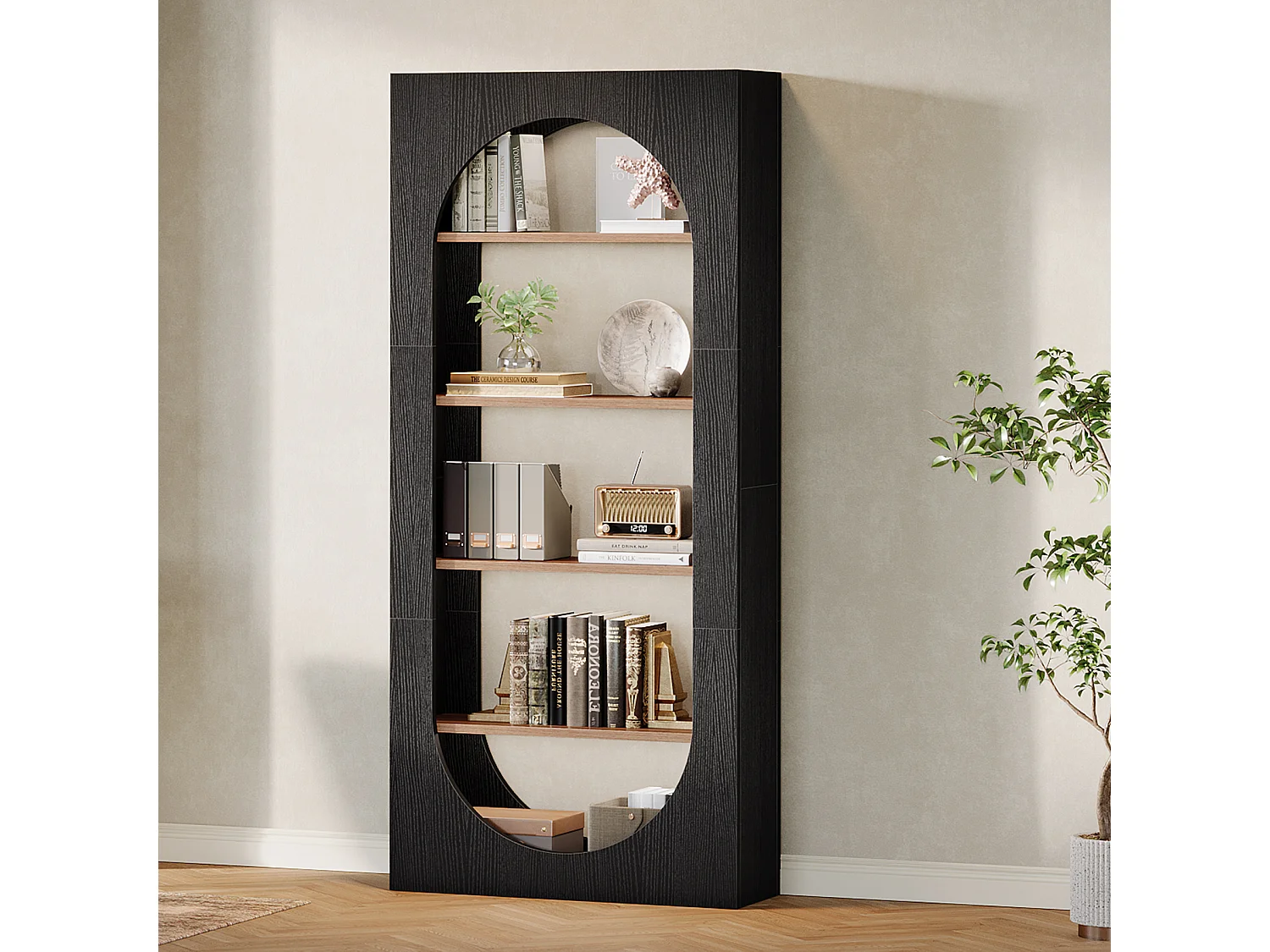 Bibliothèque noire à 5 niveaux, bibliothèque cintrée de 180 cm de haut avec rangement