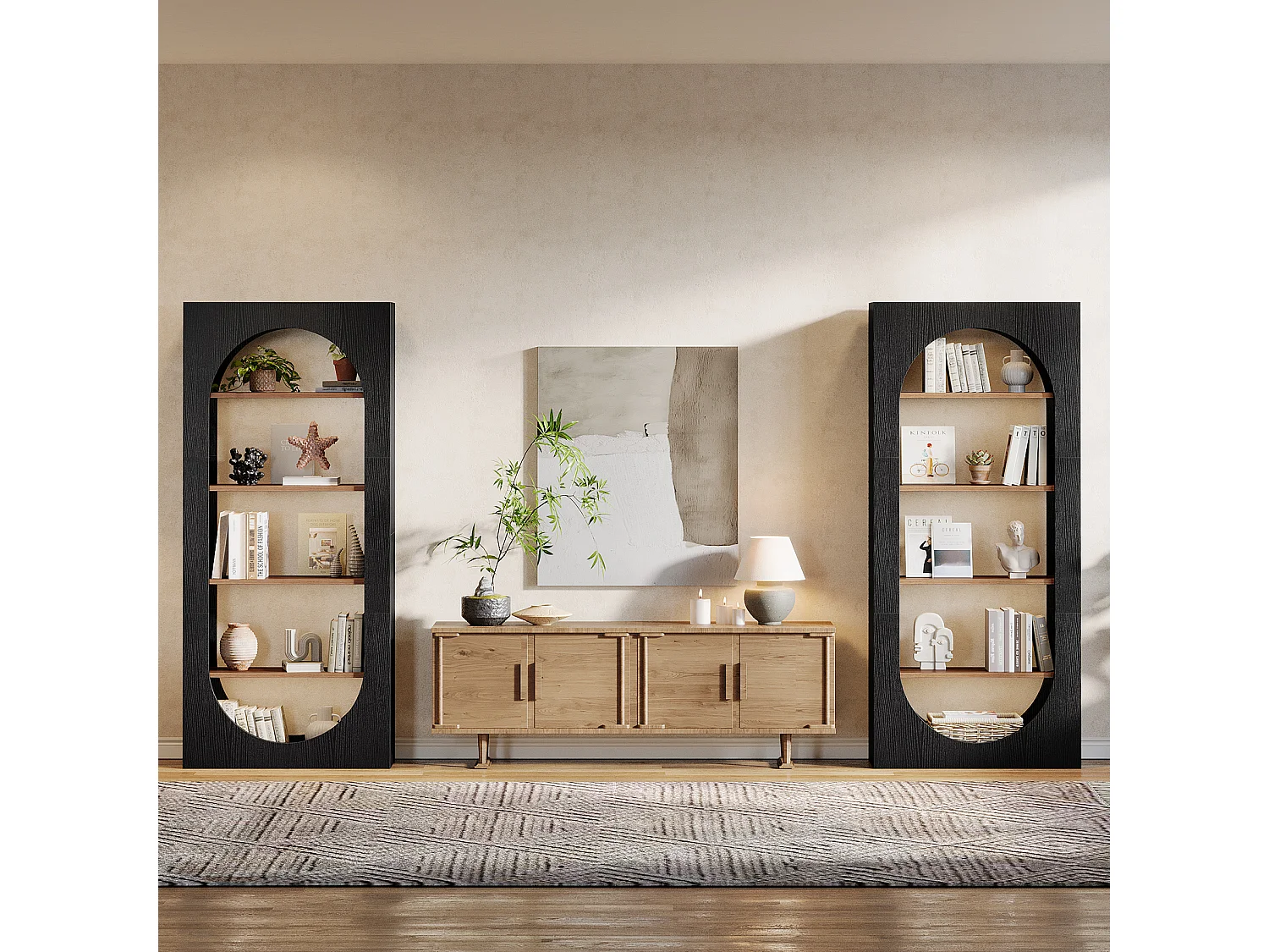 Bibliothèque noire à 5 niveaux, bibliothèque cintrée de 180 cm de haut avec rangement