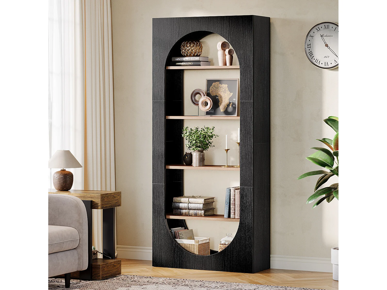 Bibliothèque noire à 5 niveaux, bibliothèque cintrée de 180 cm de haut avec rangement