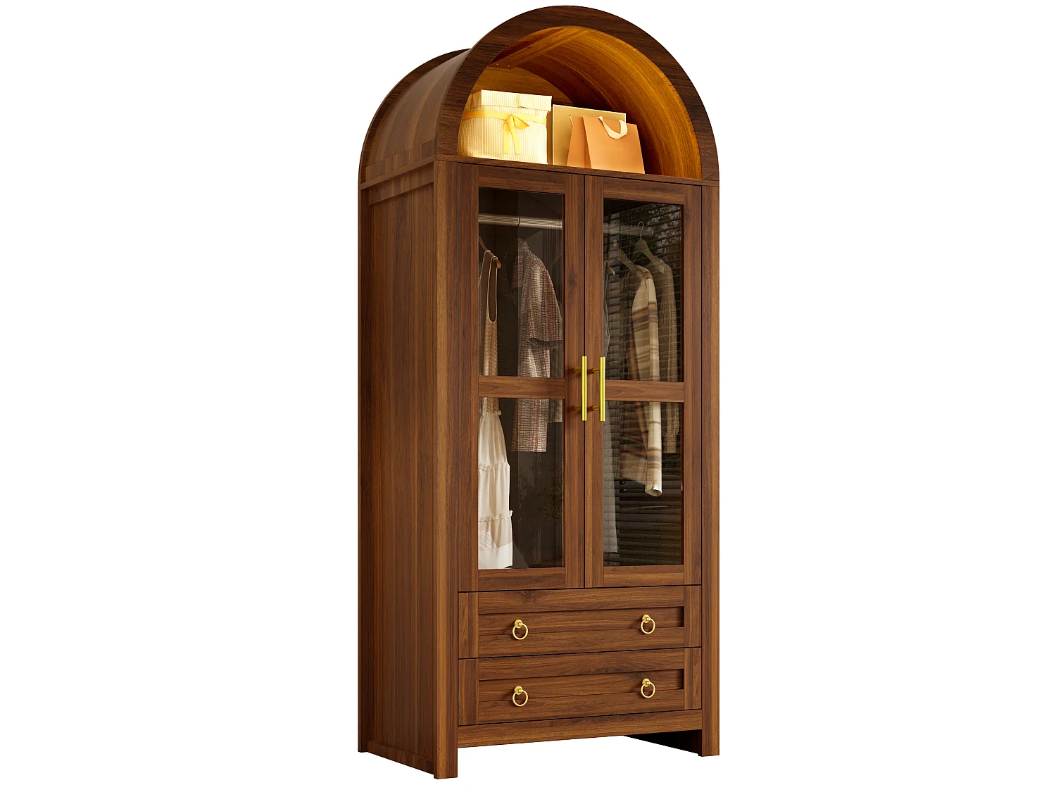 Kledingkast met 2 gebogen glazen deuren, 1 kledingstang, 2 lades en meerkleurige ledverlichting - MDF, spaanplaat en glas - 76 x 50 x 185 cm - Walnoot
