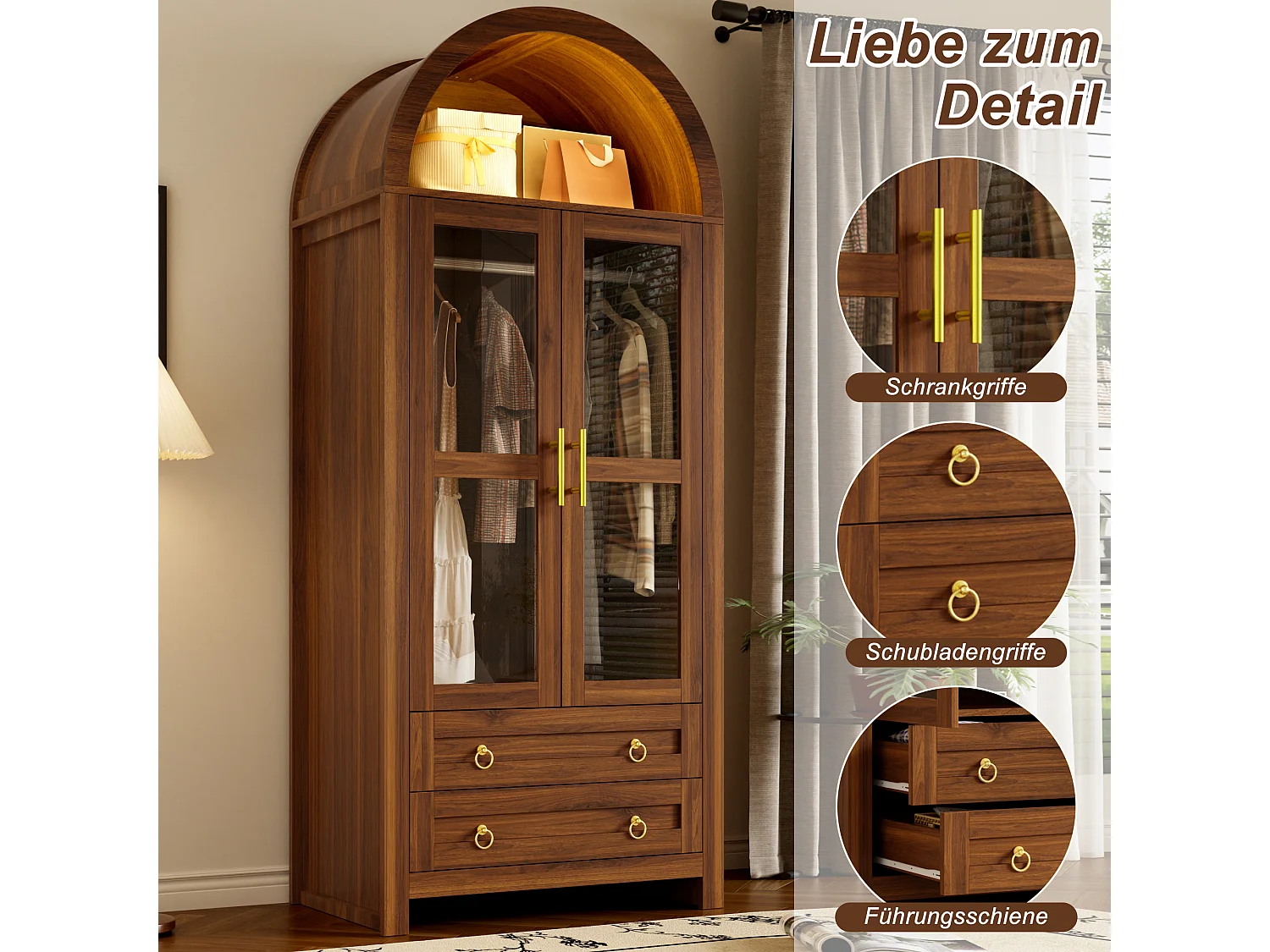 Kledingkast met 2 gebogen glazen deuren, 1 kledingstang, 2 lades en meerkleurige ledverlichting - MDF, spaanplaat en glas - 76 x 50 x 185 cm - Walnoot