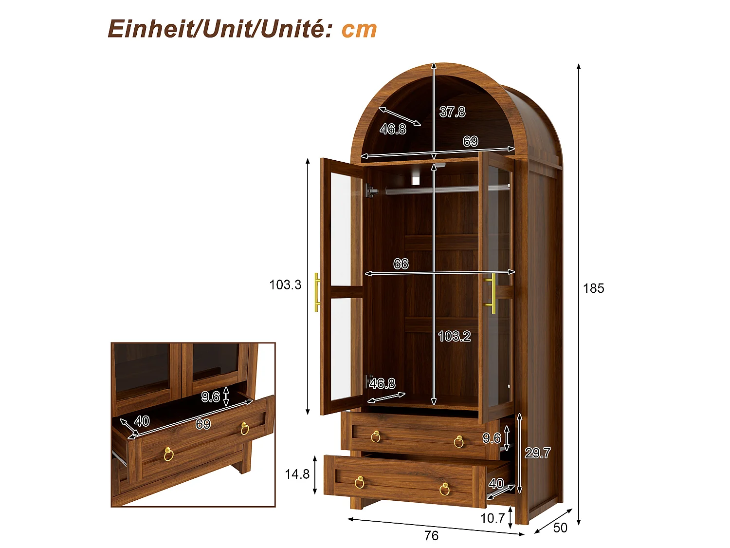 Kledingkast met 2 gebogen glazen deuren, 1 kledingstang, 2 lades en meerkleurige ledverlichting - MDF, spaanplaat en glas - 76 x 50 x 185 cm - Walnoot
