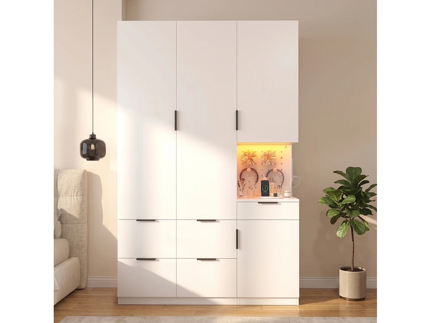 4-türiger Kleiderschrank mit 2 Kleiderstangen, 5 Schubladen, LED-Beleuchtung und Steckdose – MDF und Spanplatte – 135 x 50 x 200 cm – Weiß