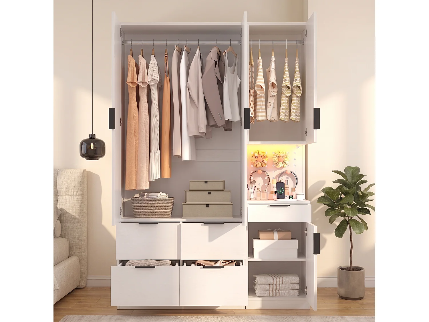 4-türiger Kleiderschrank mit 2 Kleiderstangen, 5 Schubladen, LED-Beleuchtung und Steckdose – MDF und Spanplatte – 135 x 50 x 200 cm – Weiß