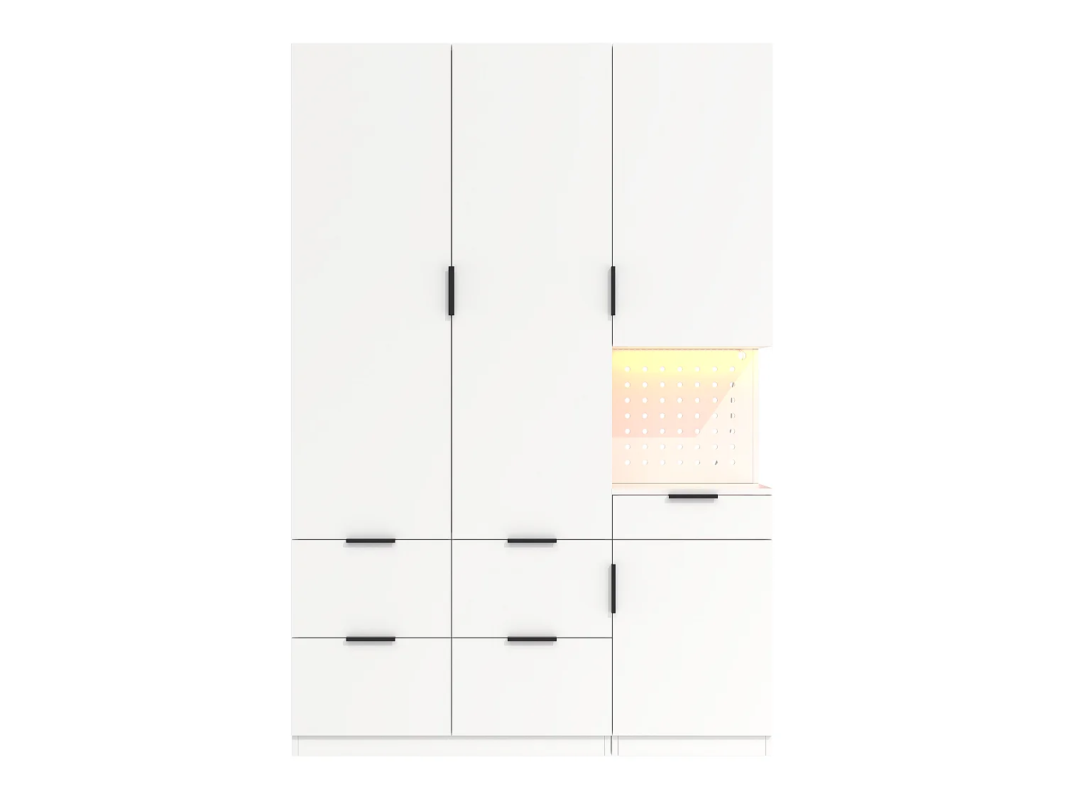 4-türiger Kleiderschrank mit 2 Kleiderstangen, 5 Schubladen, LED-Beleuchtung und Steckdose – MDF und Spanplatte – 135 x 50 x 200 cm – Weiß