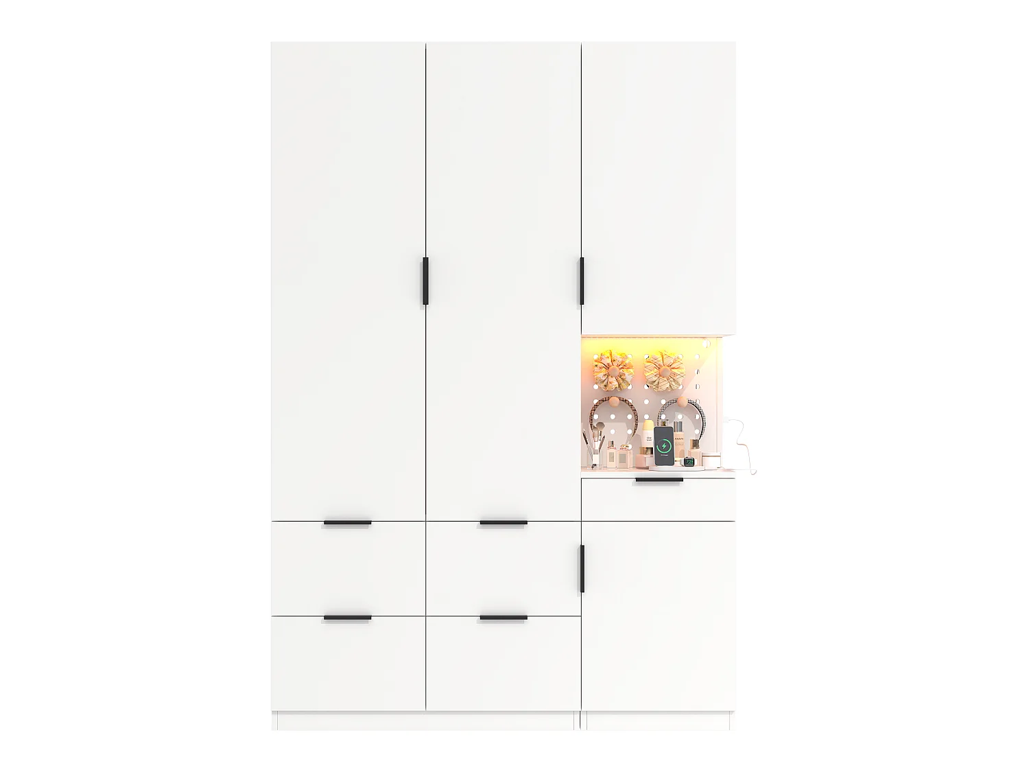 4-türiger Kleiderschrank mit 2 Kleiderstangen, 5 Schubladen, LED-Beleuchtung und Steckdose – MDF und Spanplatte – 135 x 50 x 200 cm – Weiß