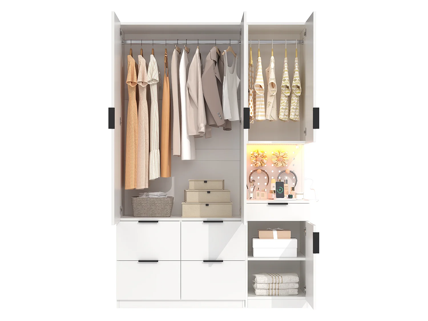 4-türiger Kleiderschrank mit 2 Kleiderstangen, 5 Schubladen, LED-Beleuchtung und Steckdose – MDF und Spanplatte – 135 x 50 x 200 cm – Weiß