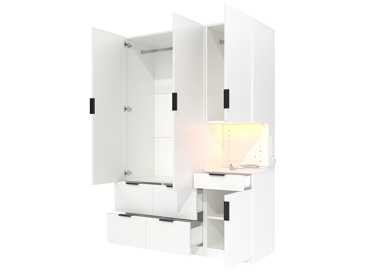 4-türiger Kleiderschrank mit 2 Kleiderstangen, 5 Schubladen, LED-Beleuchtung und Steckdose – MDF und Spanplatte – 135 x 50 x 200 cm – Weiß
