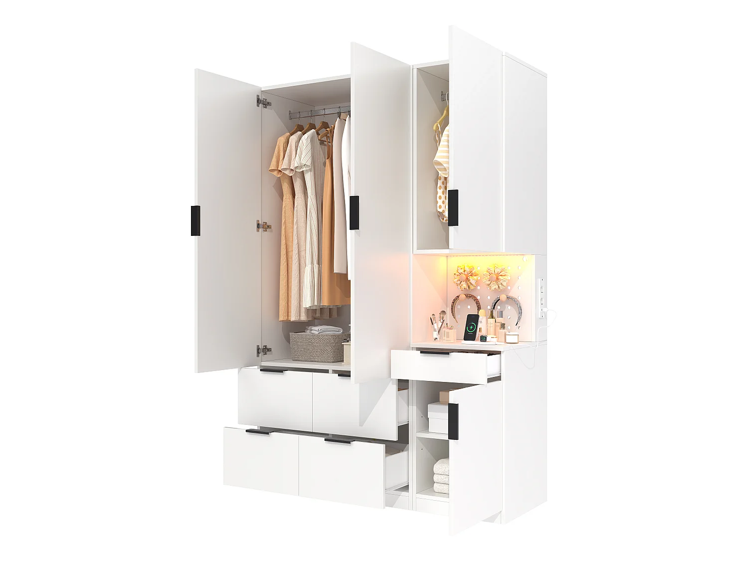 4-türiger Kleiderschrank mit 2 Kleiderstangen, 5 Schubladen, LED-Beleuchtung und Steckdose – MDF und Spanplatte – 135 x 50 x 200 cm – Weiß
