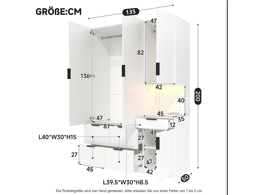 4-türiger Kleiderschrank mit 2 Kleiderstangen, 5 Schubladen, LED-Beleuchtung und Steckdose – MDF und Spanplatte – 135 x 50 x 200 cm – Weiß