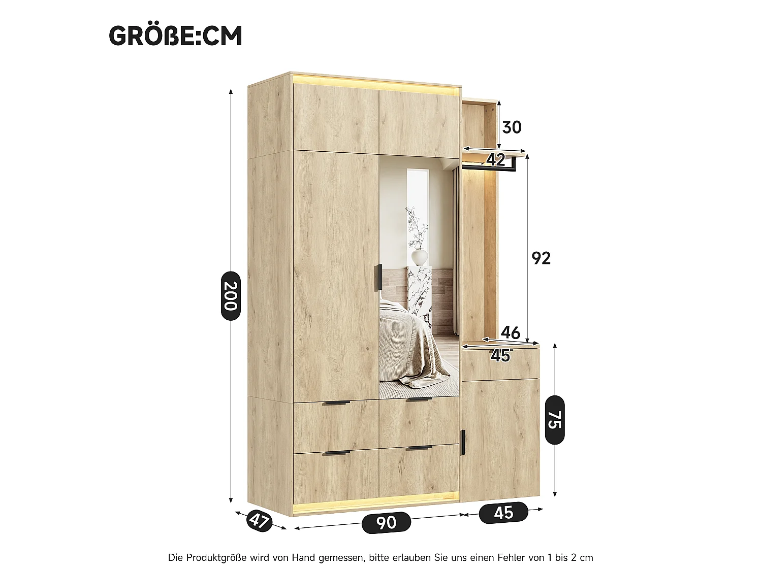 Flurschrank mit 3 Türen, 2 Kleiderstangen, 5 Schubladen und LED-Beleuchtung – MDF – 135 x 47 x 200 cm – Eiche und Anthrazit