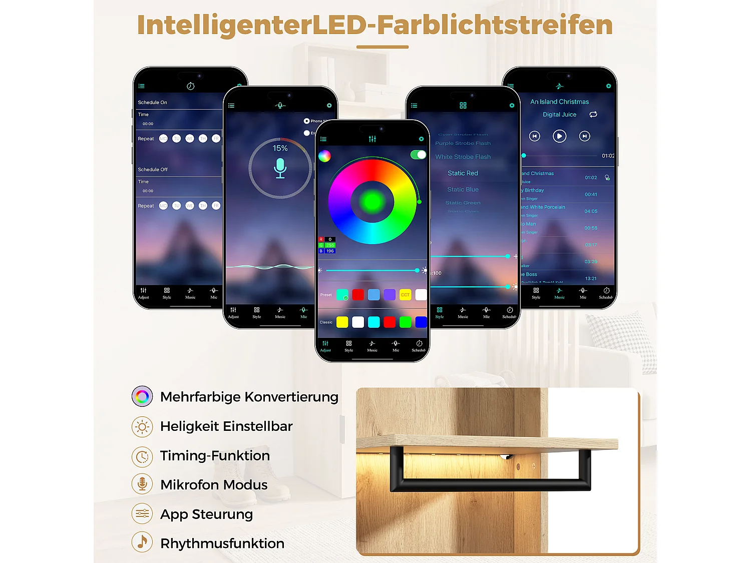 Flurschrank mit 3 Türen, 2 Kleiderstangen, 5 Schubladen und LED-Beleuchtung – MDF – 135 x 47 x 200 cm – Eiche und Anthrazit
