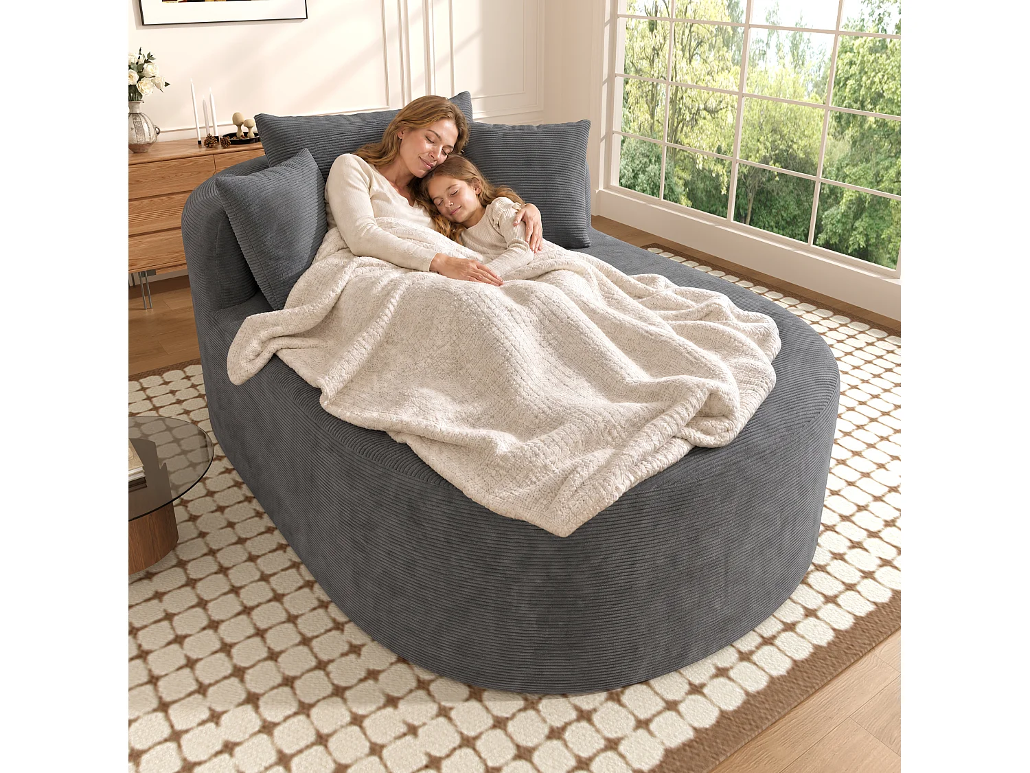 Canapé de relaxation ovale 1 place avec coussin et assise profonde - Velours côtelé - 170 x 112,5 x 83 cm - Gris