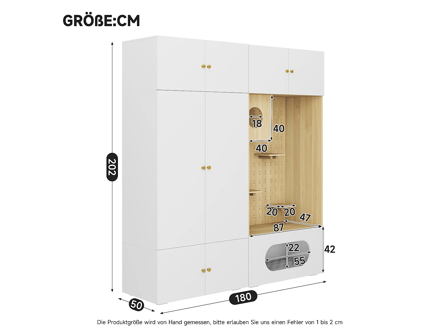 Kleiderschrank mit 8 Türen, Kleiderstange, Katzenkletterwand und Kissen – Spanplatte – 180 x 50 x 200 cm – weiß und Holzoptik
