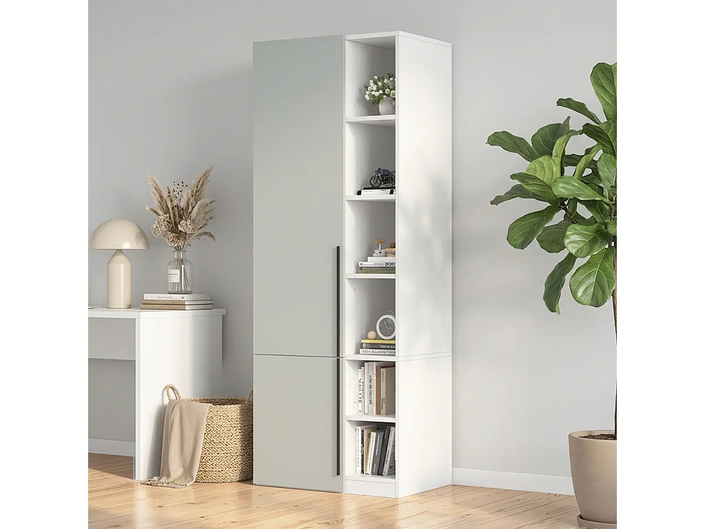 Armoire à 2 portes battantes, 1 penderie et 10 compartiments - MDF et panneaux de particules - 70 x 50 x 200 cm - gris