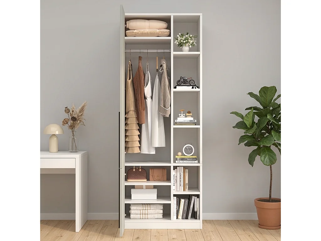 Armoire à 2 portes battantes, 1 penderie et 10 compartiments - MDF et panneaux de particules - 70 x 50 x 200 cm - gris