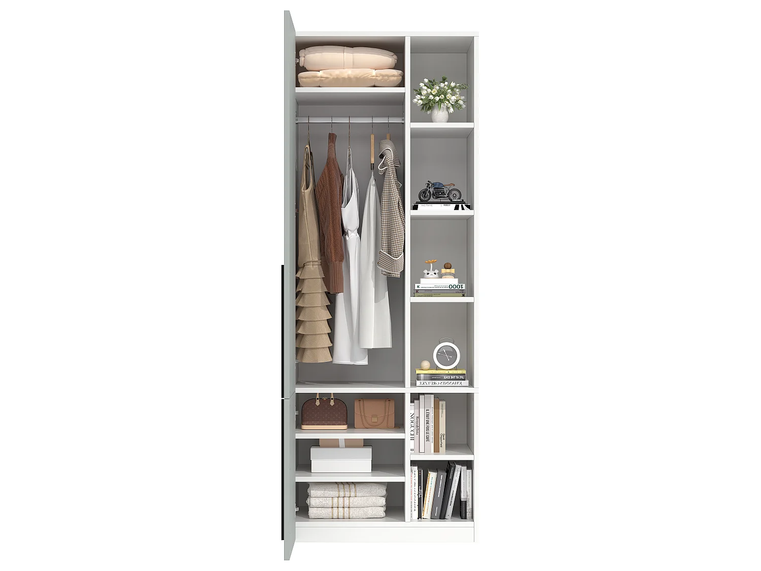 Armoire à 2 portes battantes, 1 penderie et 10 compartiments - MDF et panneaux de particules - 70 x 50 x 200 cm - gris