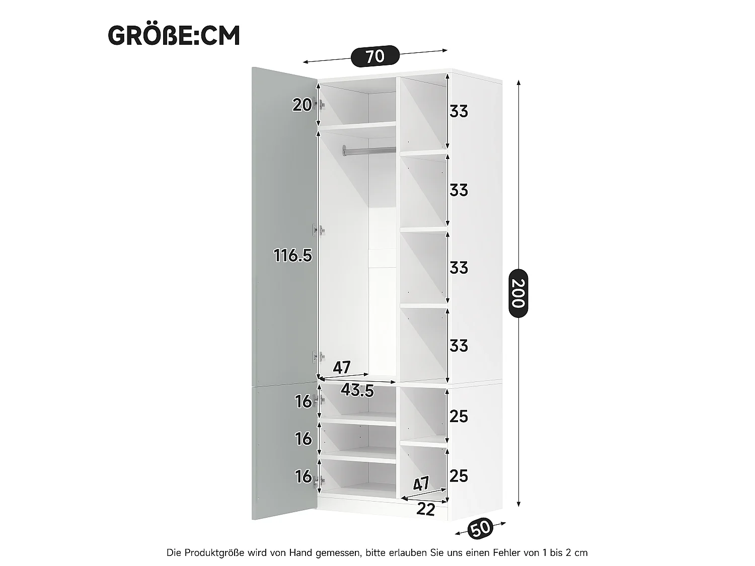 Armoire à 2 portes battantes, 1 penderie et 10 compartiments - MDF et panneaux de particules - 70 x 50 x 200 cm - gris