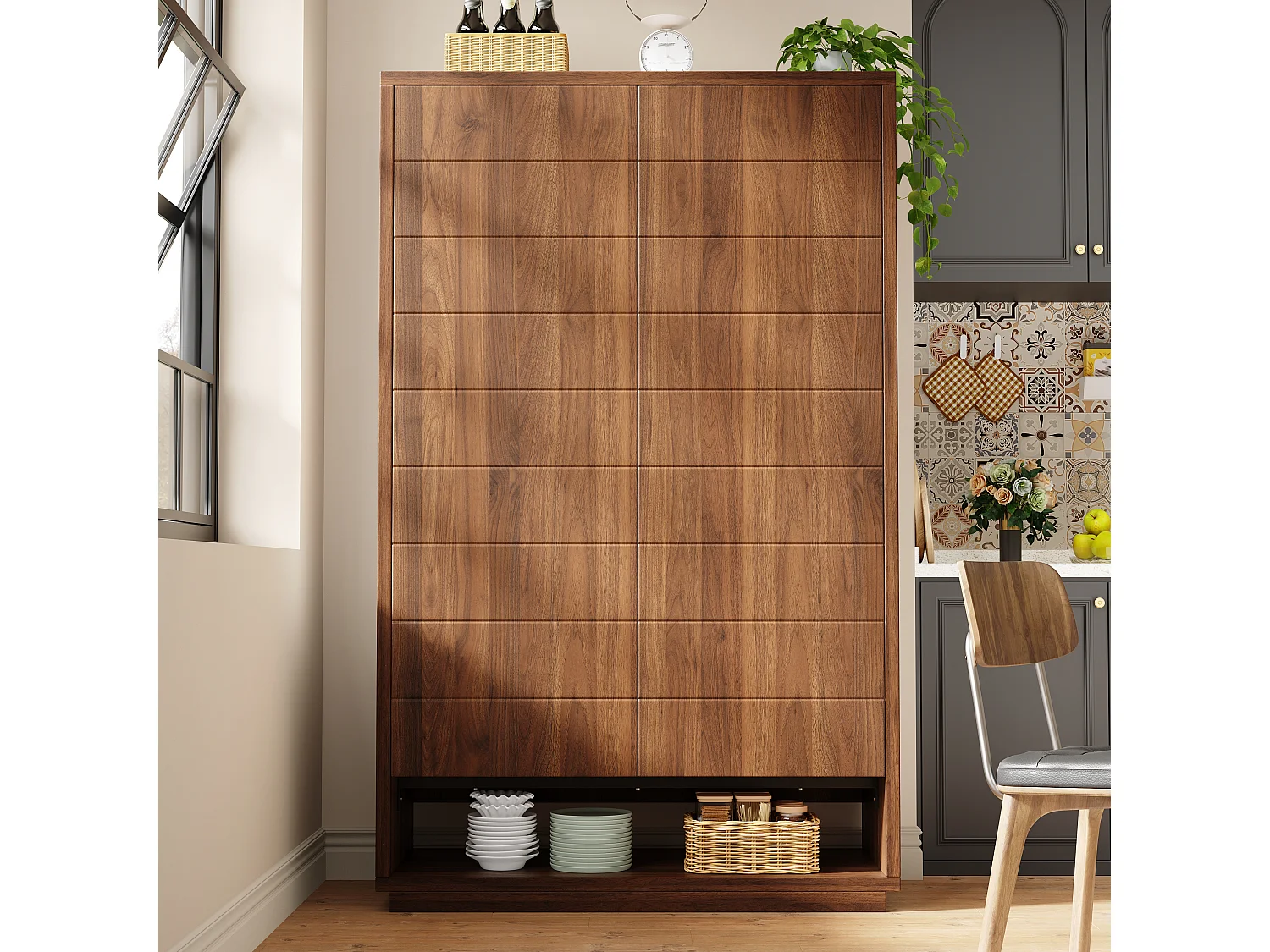 Mobile da cucina alto con 2 ante e vano a giorno - MDF, metallo - 100 x 40 x 162,5 cm - Marrone scuro