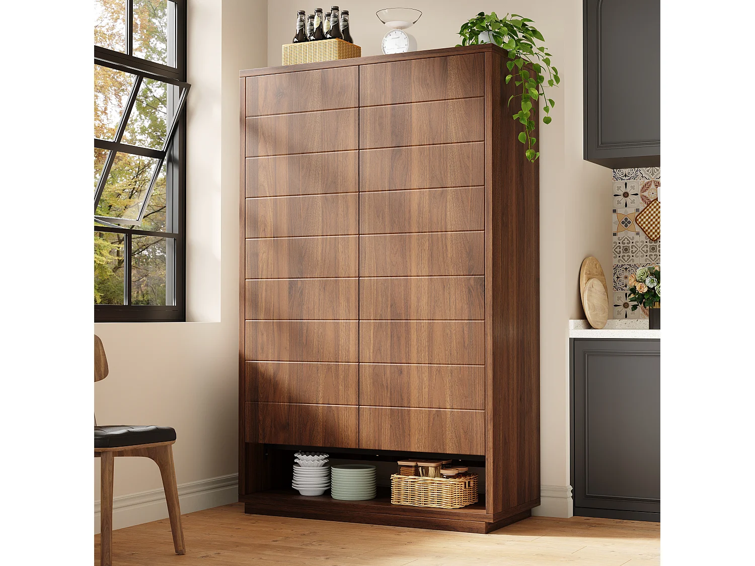 Mobile da cucina alto con 2 ante e vano a giorno - MDF, metallo - 100 x 40 x 162,5 cm - Marrone scuro