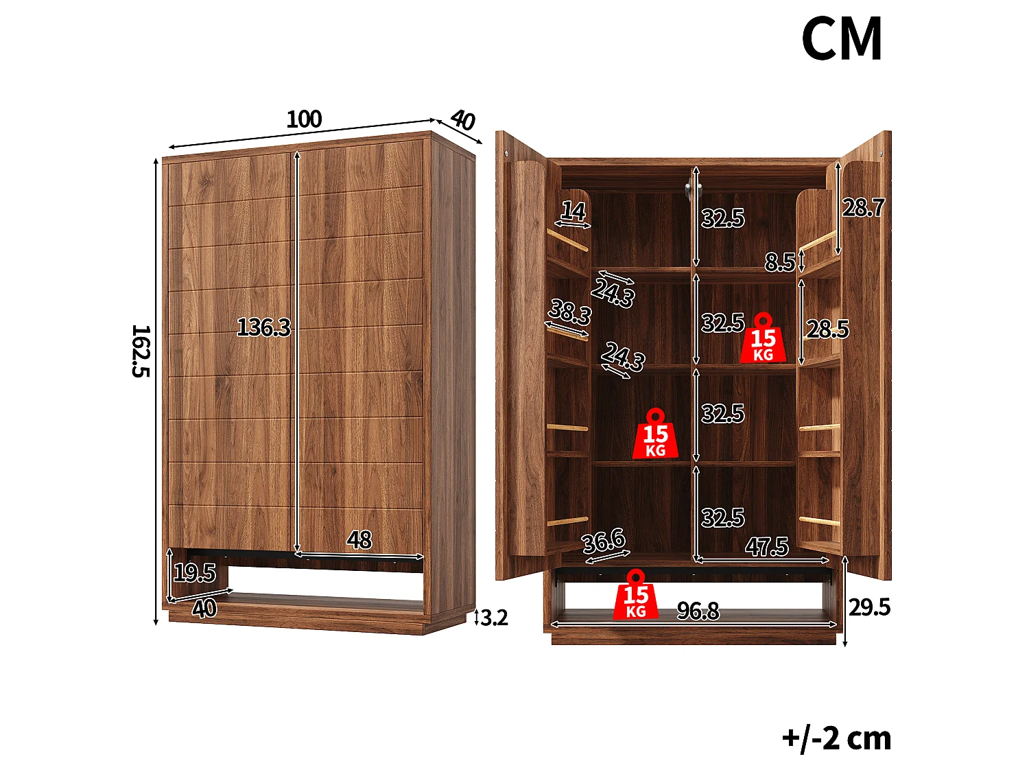 Mobile da cucina alto con 2 ante e vano a giorno - MDF, metallo - 100 x 40 x 162,5 cm - Marrone scuro