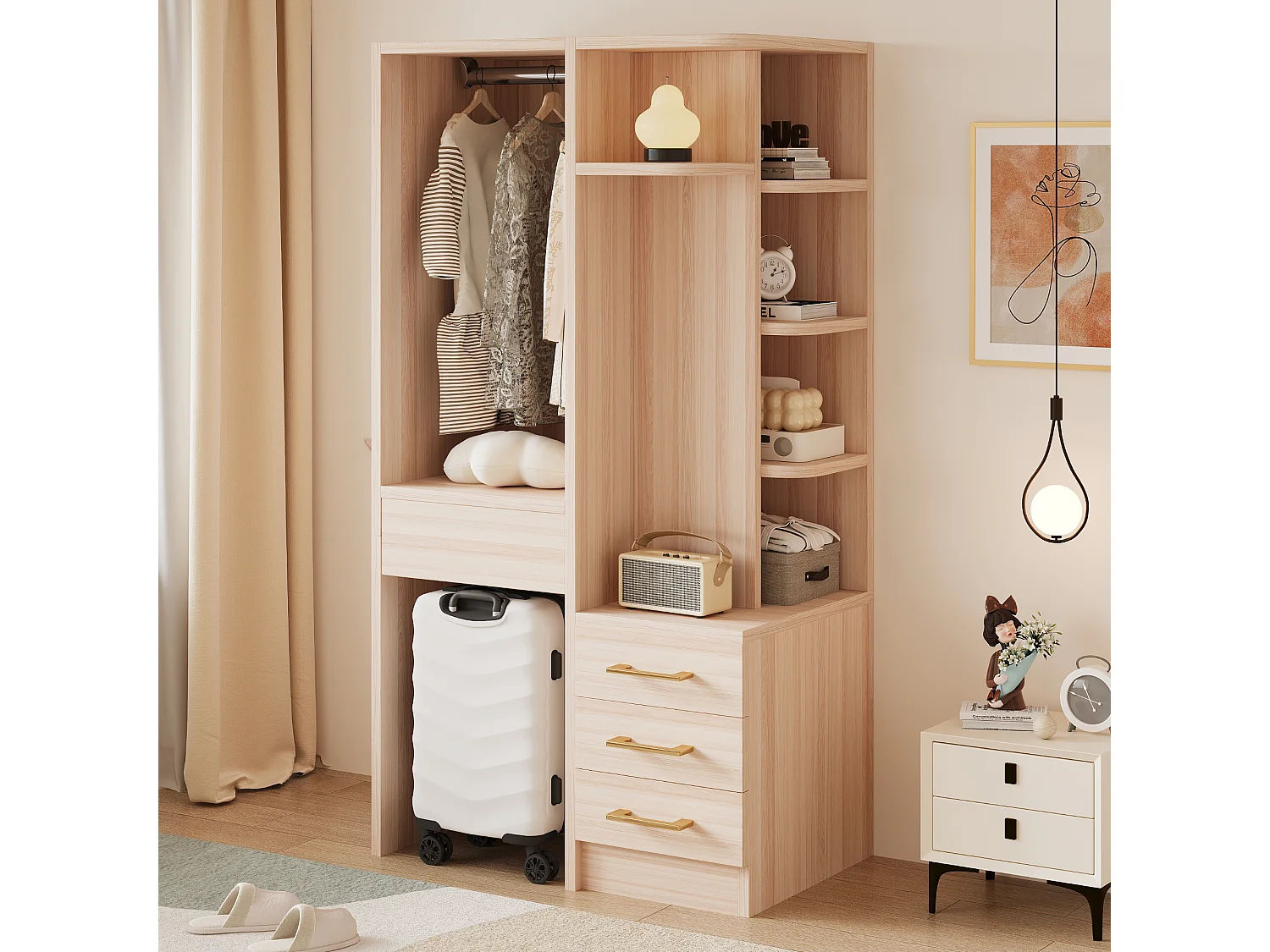 Kleiderschrank mit Kleiderstange, 4 Schubladen und offenen Regalfächern – Holz, Metall, Sperrholz und MDF – 70 x 45 x 135 cm – Holzoptik