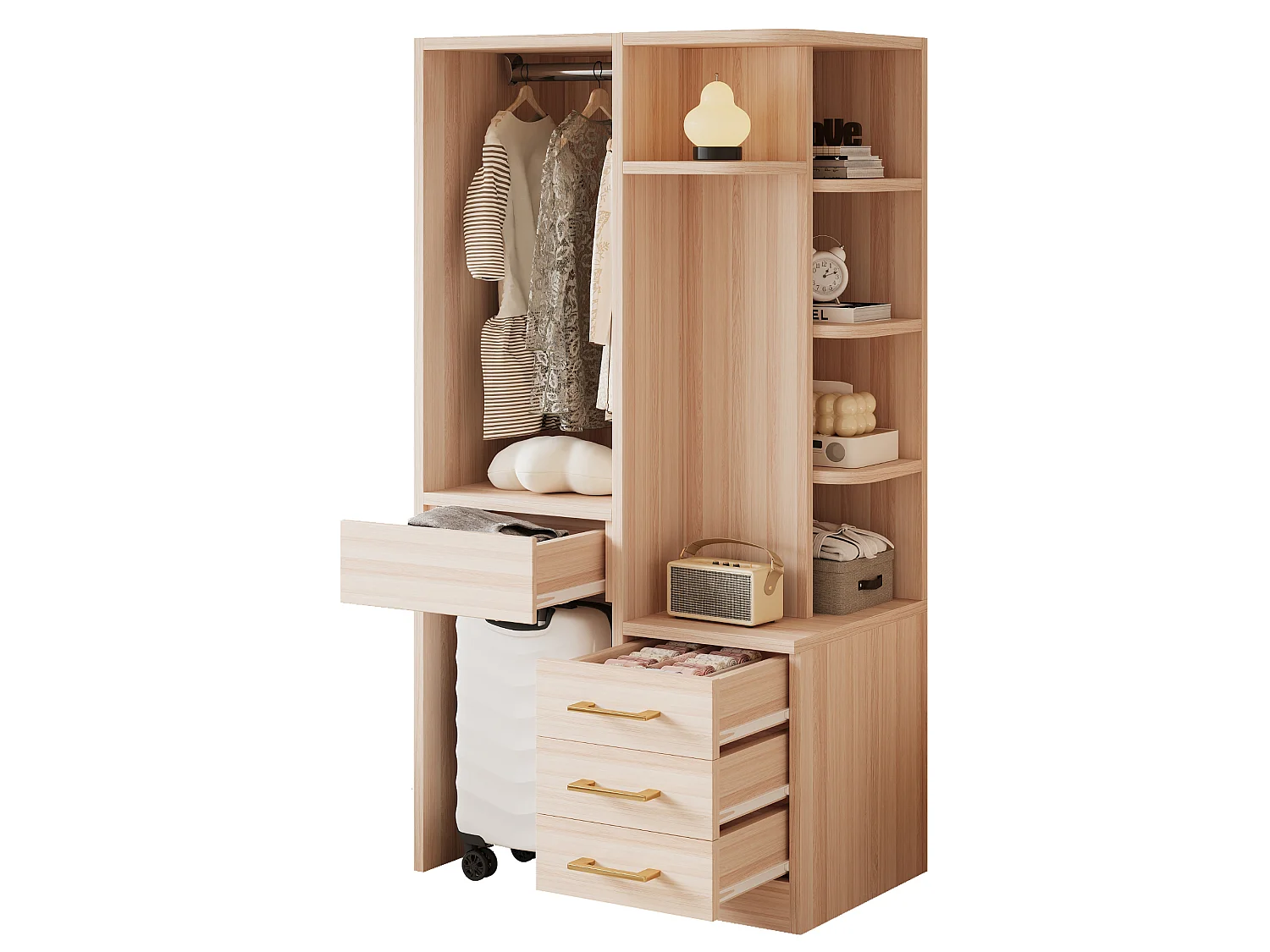 Kleiderschrank mit Kleiderstange, 4 Schubladen und offenen Regalfächern – Holz, Metall, Sperrholz und MDF – 70 x 45 x 135 cm – Holzoptik